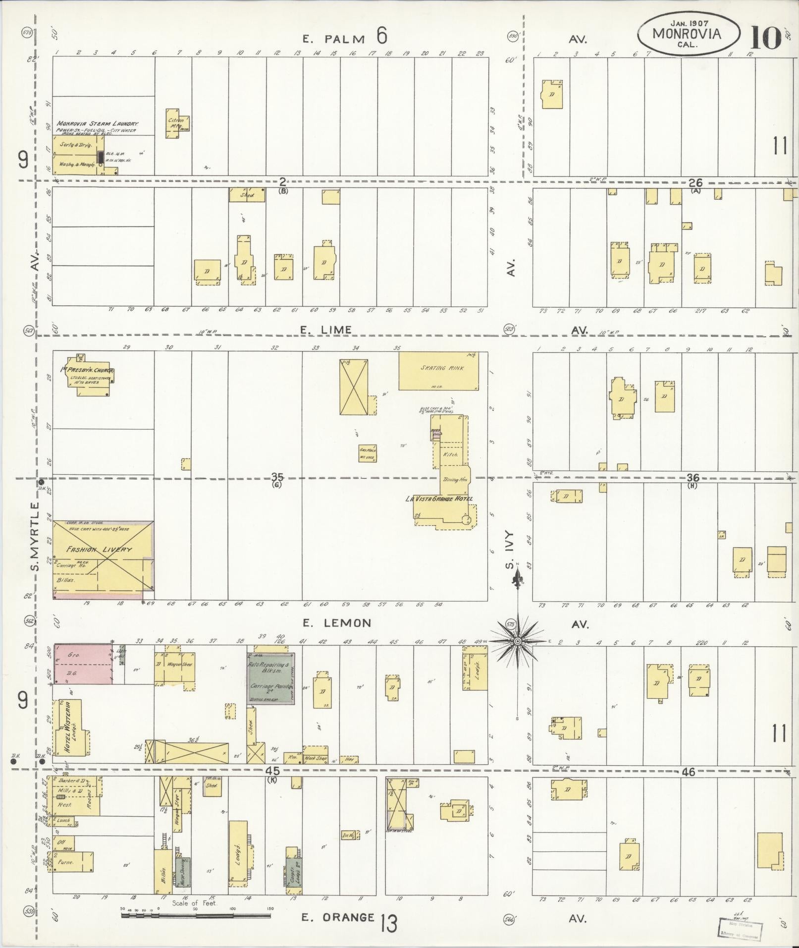 Sanborn Fire Insurance Map from Monrovia, Los Angeles County, California (1907), Sheet #0010 - Complete Map Set gallery image, historic Sanborn map, vintage wall art, California California