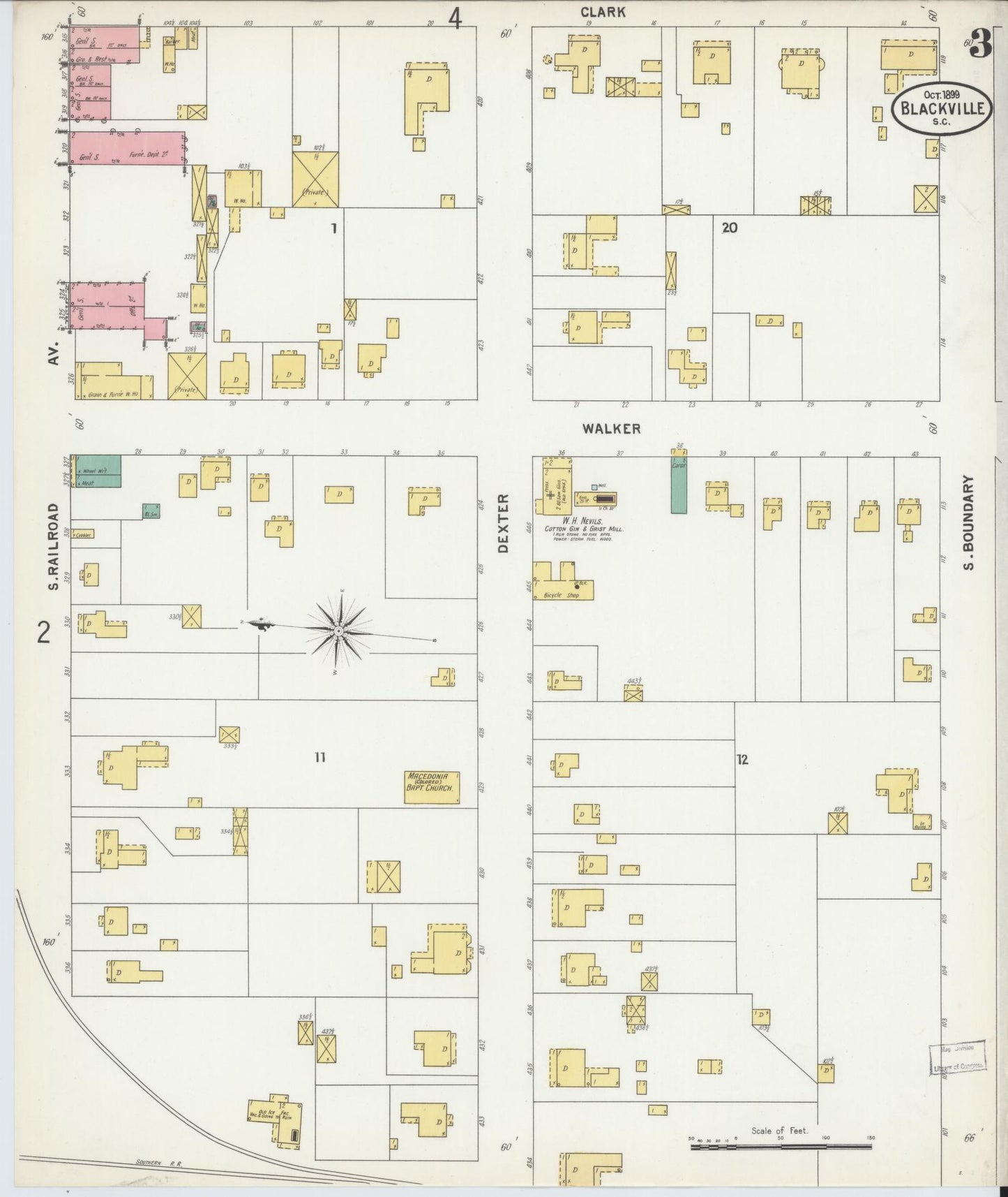 Sanborn Fire Insurance Map from Blackville, Barnwell County, South Carolina (1899), Sheet #0003 - Complete Map Set gallery image, historic Sanborn map, vintage wall art, South Carolina South Carolina