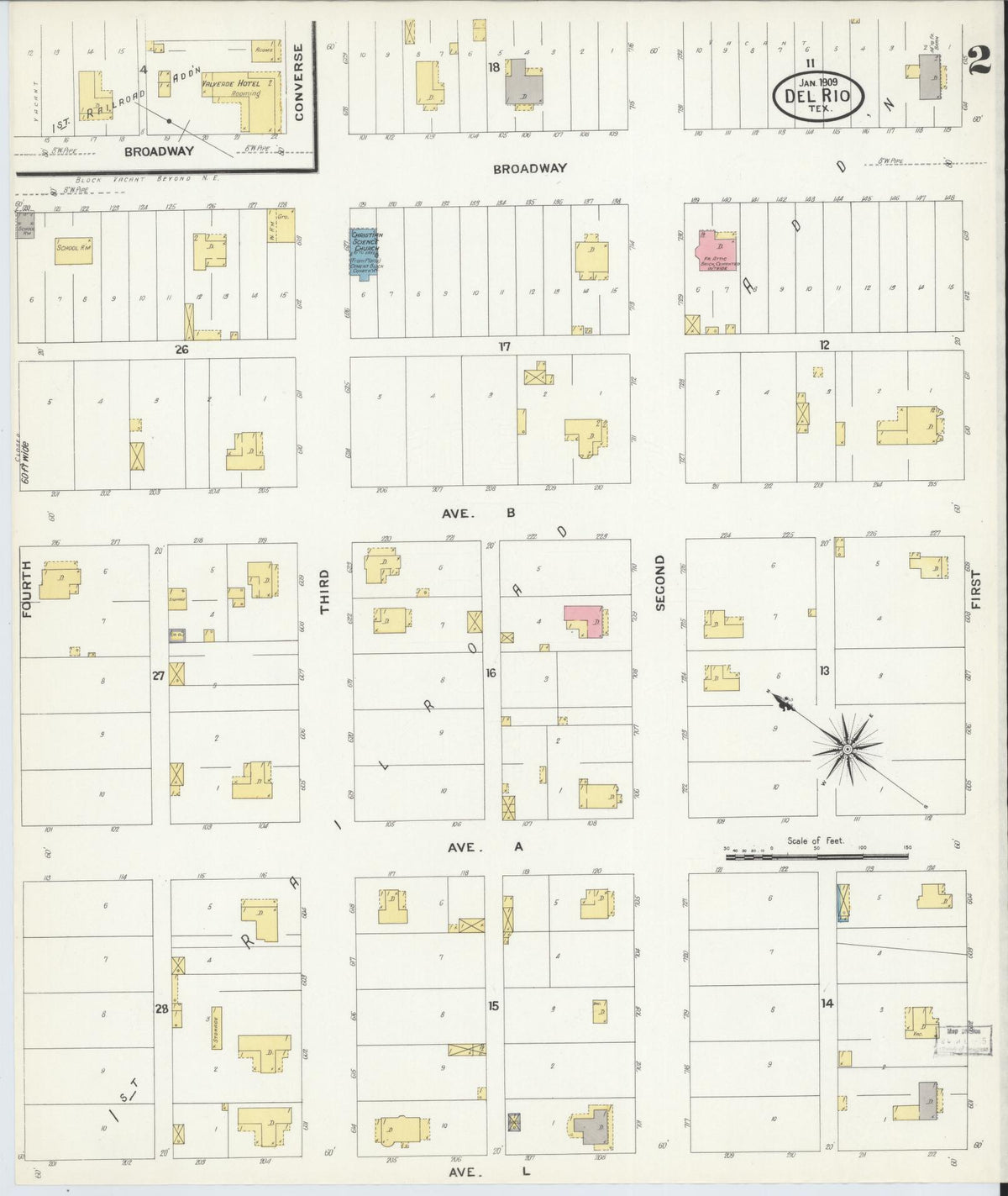 Sanborn Fire Insurance Map from Del Rio, Val Verde County, Texas (1909), Sheet #0002 - Historic Sanborn Fire Insurance Map Print, vintage old map wall art, antique decor, genealogy gift, Texas Texas map