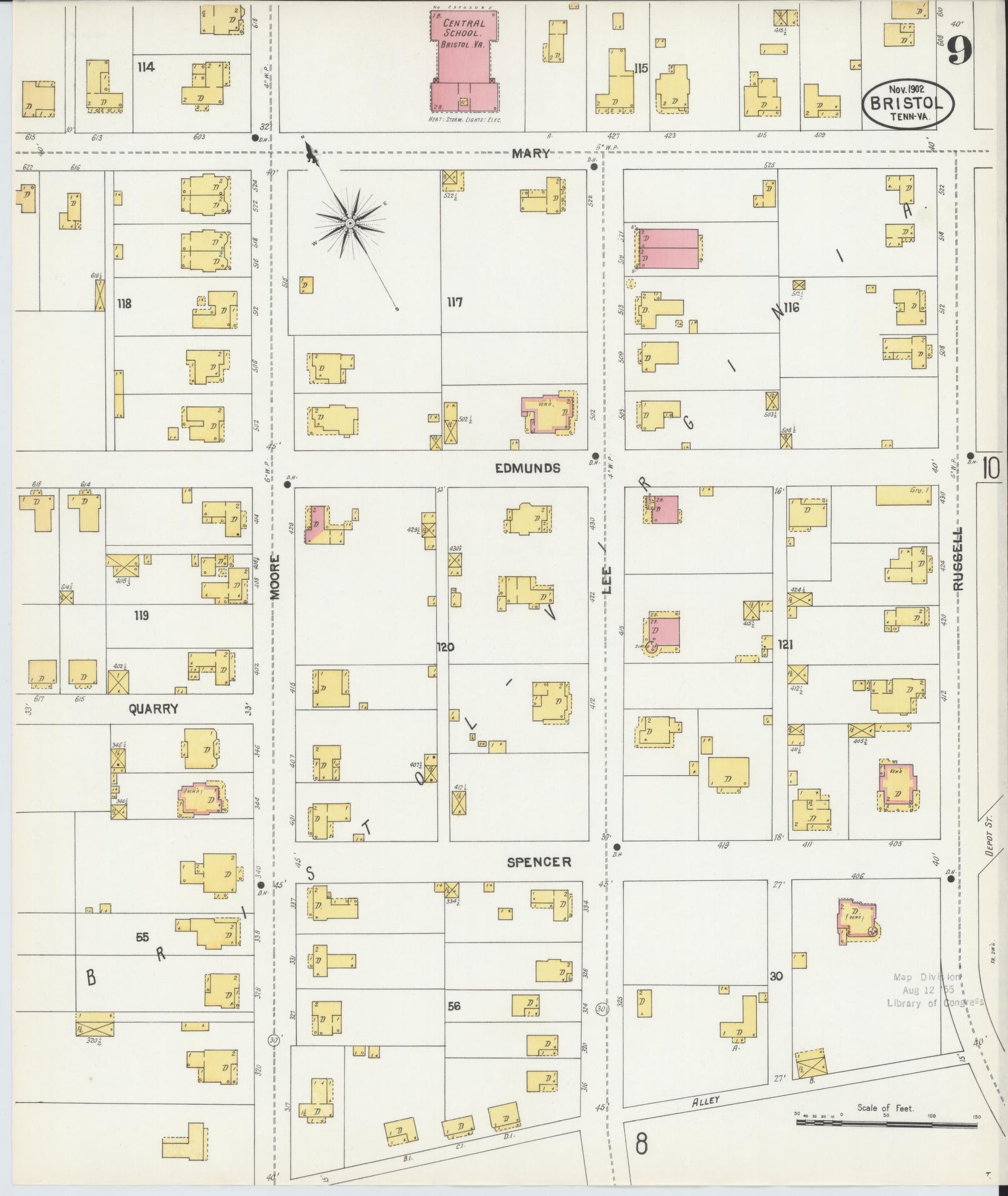 Sanborn Fire Insurance Map from Bristol, Sullivan County, Tennessee (1902), Sheet #0009 - Historic Sanborn Fire Insurance Map Print, vintage old map wall art, antique decor, genealogy gift, Tennessee Tennessee map