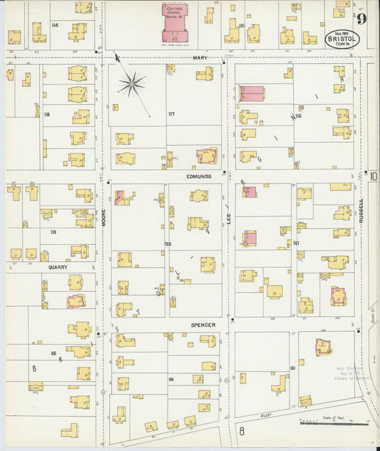 Sanborn Fire Insurance Map from Bristol, Sullivan County, Tennessee (1902), Sheet #0009 - Historic Sanborn Fire Insurance Map Print, vintage old map wall art, antique decor, genealogy gift, Tennessee Tennessee map