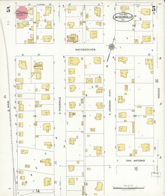 Sanborn Fire Insurance Map from Jacksonville, Cherokee County, Texas (1923), Sheet #0005 - Historic Sanborn Fire Insurance Map Print, vintage old map wall art, antique decor, genealogy gift, Texas Texas map