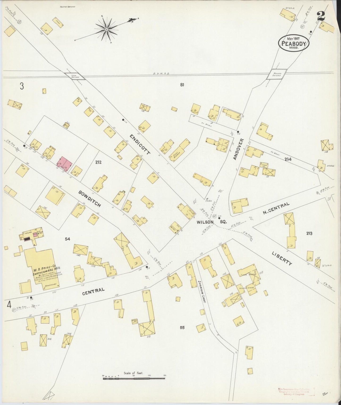 Sanborn Fire Insurance Map from Peabody, Essex County, Massachusetts (1907), Sheet #0002 - Complete Map Set gallery image, historic Sanborn map, vintage wall art, Massachusetts Massachusetts
