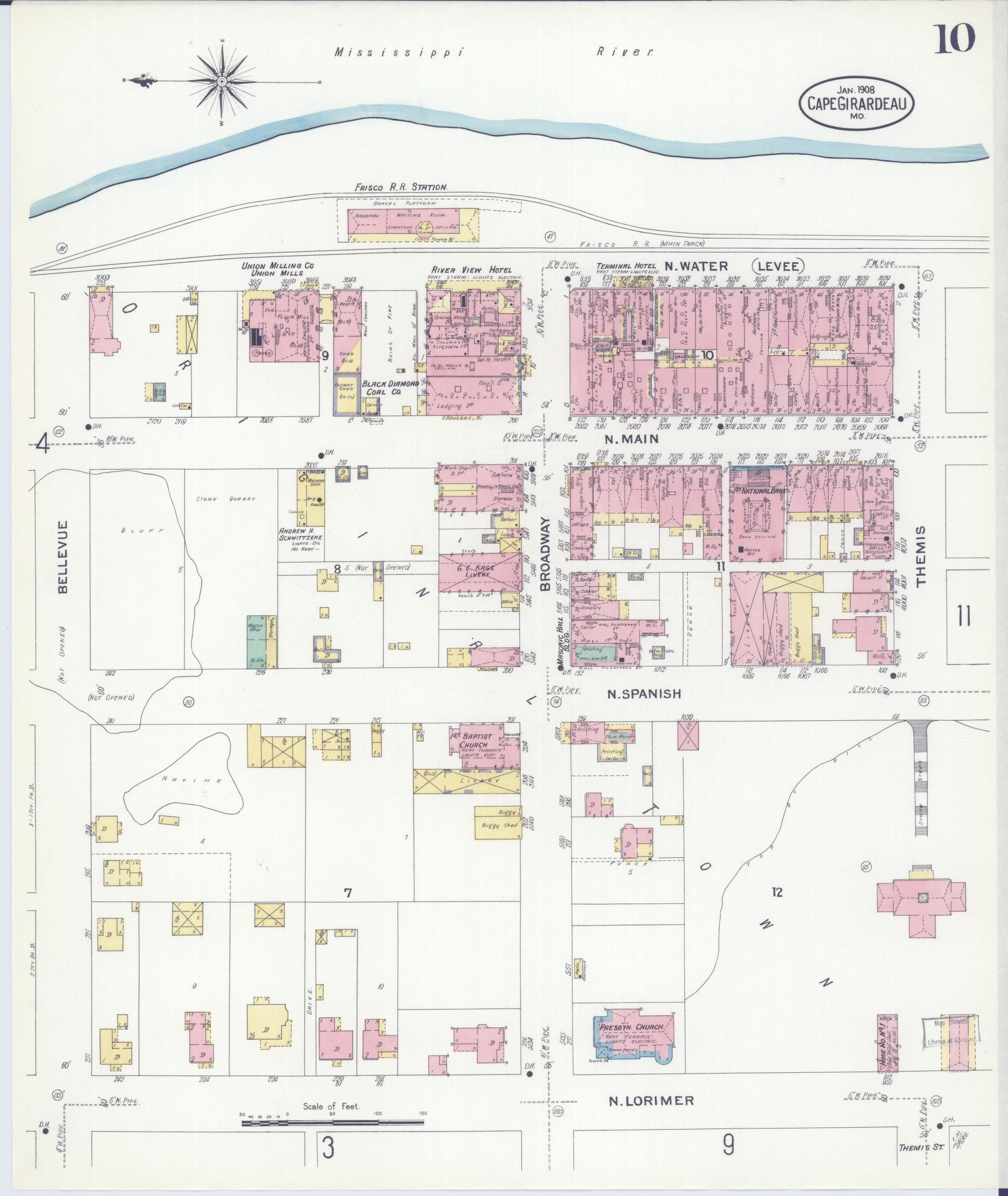 Sanborn Fire Insurance Map from Cape Girardeau, Cape Girardeau County, Missouri (1908), Sheet #0010 - Complete Map Set gallery image, historic Sanborn map, vintage wall art, Missouri Missouri