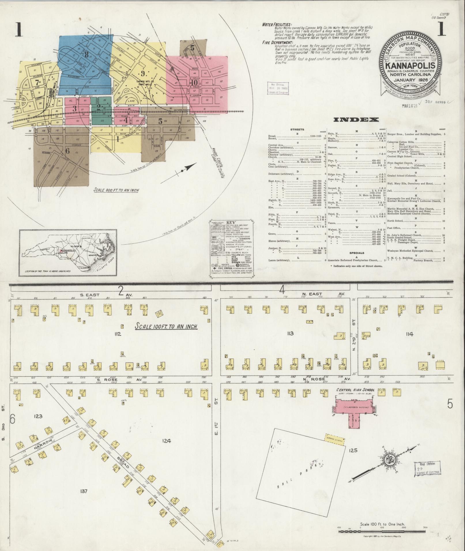 Sanborn Fire Insurance Map from Kannapolis, Rowan And Cabarrus Counties, North Carolina (1926), Sheet #0001 - Complete Map Set gallery image, historic Sanborn map, vintage wall art, North Carolina North Carolina