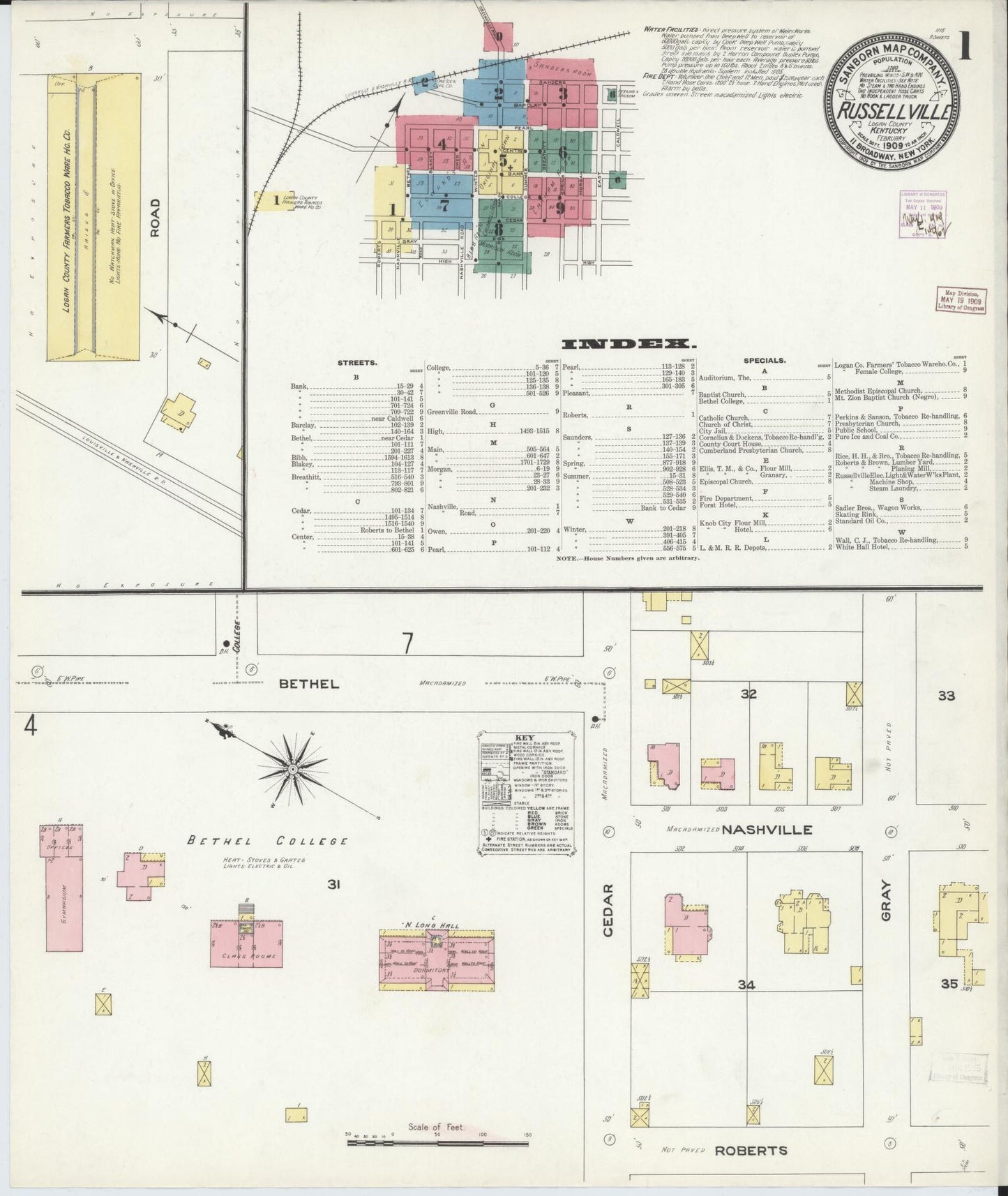 Sanborn Fire Insurance Map from Russellville, Logan County, Kentucky (1909), Sheet #0001 - Historic Sanborn Fire Insurance Map Print, vintage old map wall art, antique decor, genealogy gift, Kentucky Kentucky map