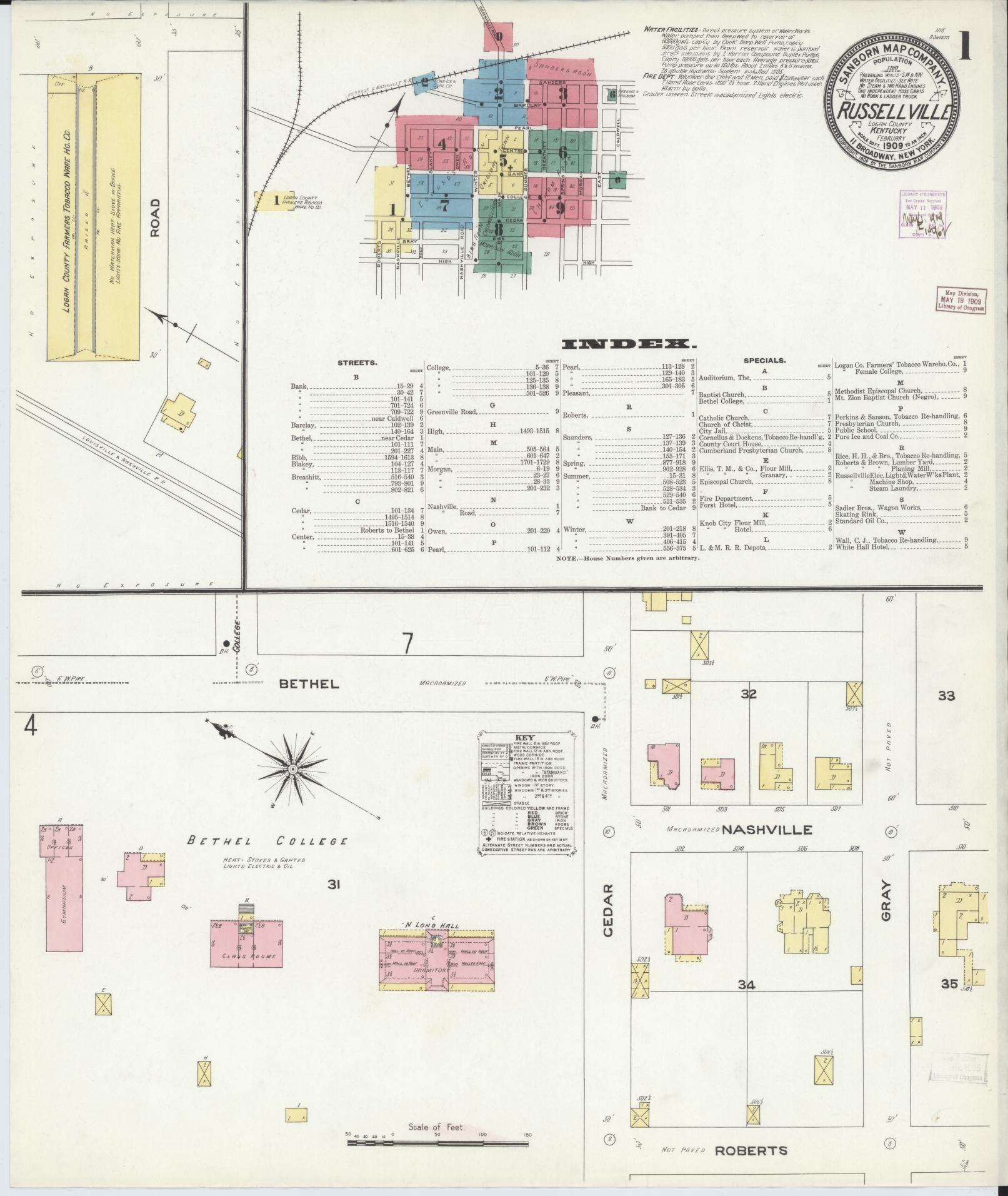Sanborn Fire Insurance Map from Russellville, Logan County, Kentucky (1909), Sheet #0001 - Historic Sanborn Fire Insurance Map Print, vintage old map wall art, antique decor, genealogy gift, Kentucky Kentucky map