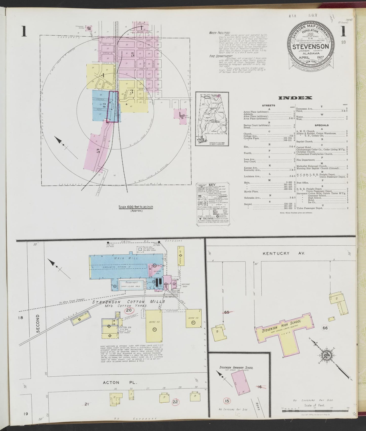 Sanborn Fire Insurance Map from Stevenson, Jackson County, Alabama (1927), Sheet #0001 - Complete Map Set gallery image, historic Sanborn map, vintage wall art, Alabama Alabama
