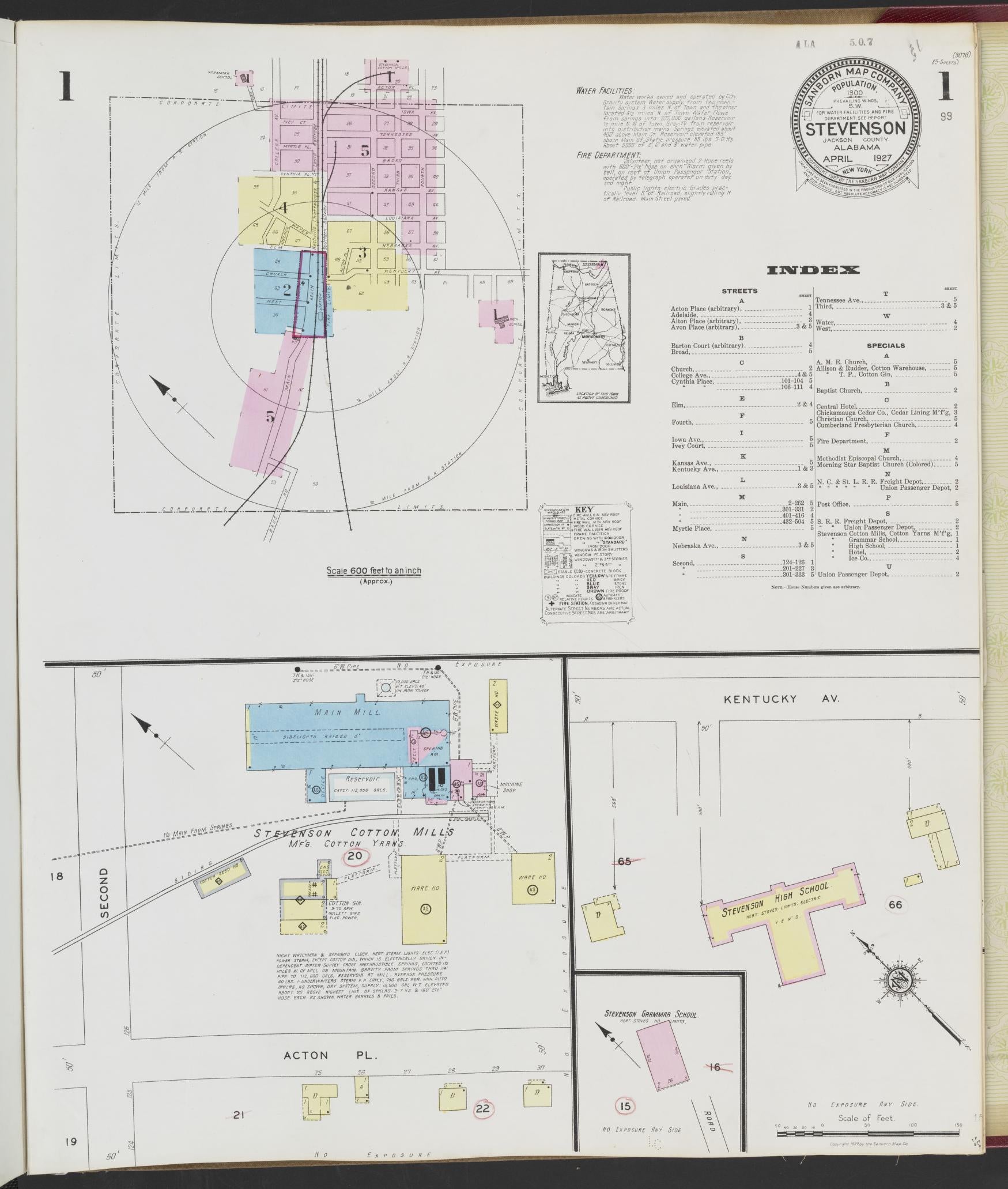 Sanborn Fire Insurance Map from Stevenson, Jackson County, Alabama (1927), Sheet #0001 - Complete Map Set gallery image, historic Sanborn map, vintage wall art, Alabama Alabama