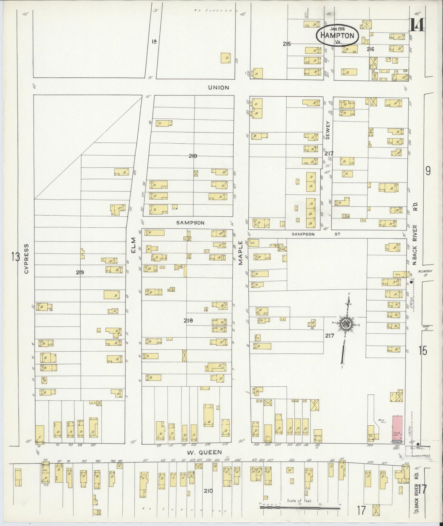 Sanborn Fire Insurance Map from Hampton, Independent Cities, Virginia (1916), Sheet #0014 - Complete Map Set gallery image, historic Sanborn map, vintage wall art, Virginia Virginia