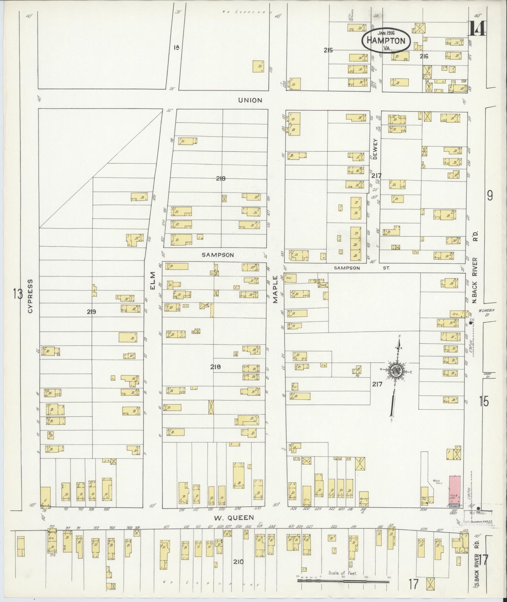 Sanborn Fire Insurance Map from Hampton, Independent Cities, Virginia (1916), Sheet #0014 - Complete Map Set gallery image, historic Sanborn map, vintage wall art, Virginia Virginia