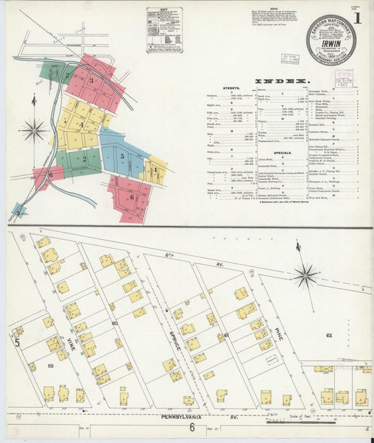 Sanborn Fire Insurance Map from Irwin, Westmoreland County, Pennsylvania (1904), Sheet #0001 - Historic Sanborn Fire Insurance Map Print, vintage old map wall art, antique decor, genealogy gift, Pennsylvania Pennsylvania map