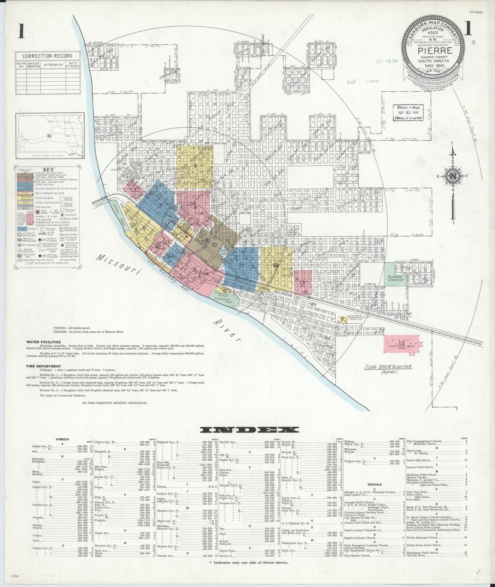 Sanborn Fire Insurance Map from Pierre, Hughes County, South Dakota (1941), Sheet #0001 - Complete Map Set gallery image, historic Sanborn map, vintage wall art, South Dakota South Dakota