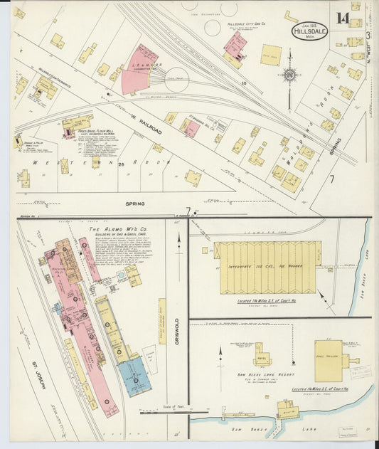 Sanborn Fire Insurance Map from Hillsdale, Hillsdale County, Michigan (1913), Sheet #0014 - Historic Sanborn Fire Insurance Map Print, vintage old map wall art, antique decor, genealogy gift, Michigan Michigan map