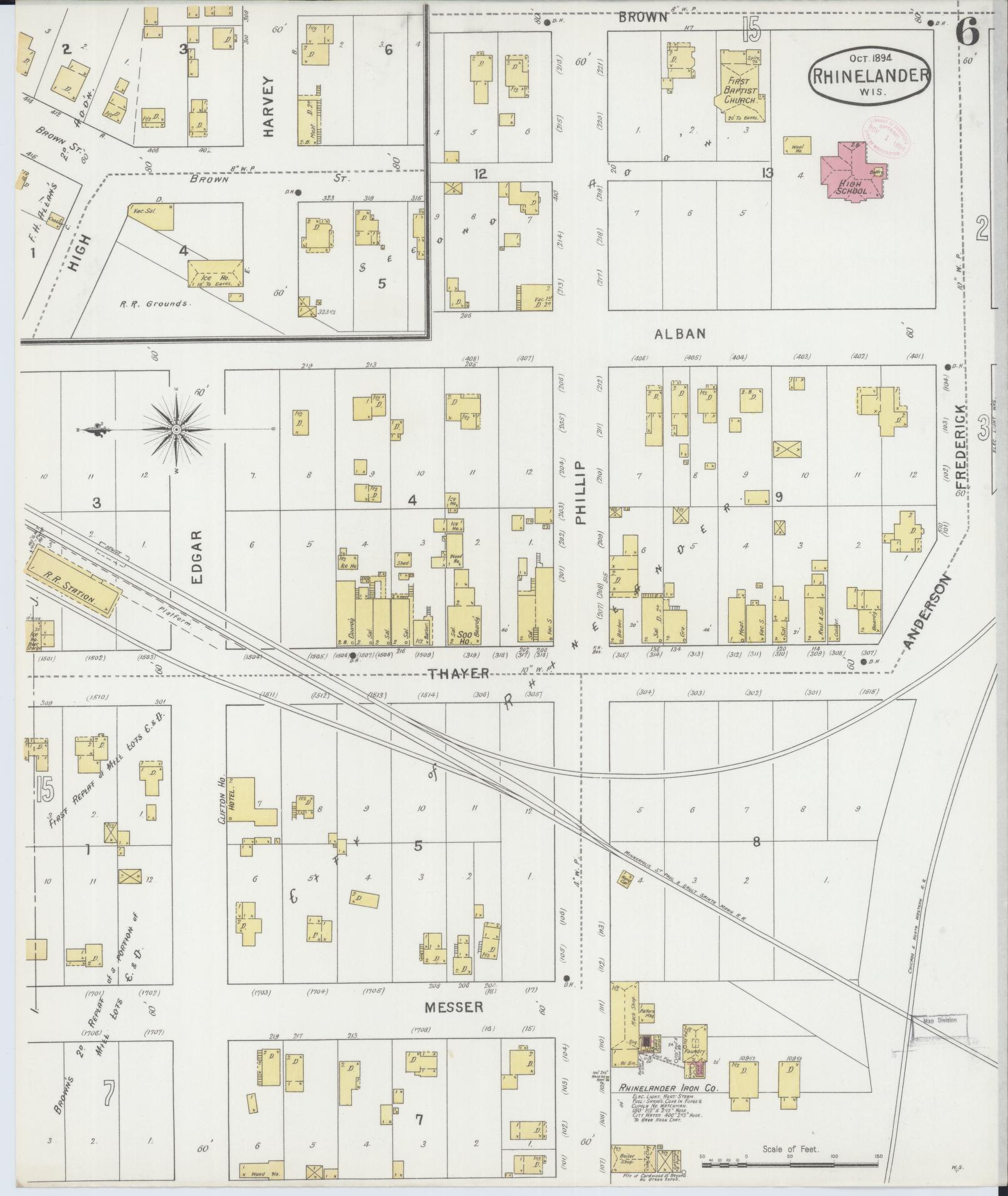 Sanborn Fire Insurance Map from Rhinelander, Oneida County, Wisconsin (1894), Sheet #0006 - Complete Map Set gallery image, historic Sanborn map, vintage wall art, Wisconsin Wisconsin