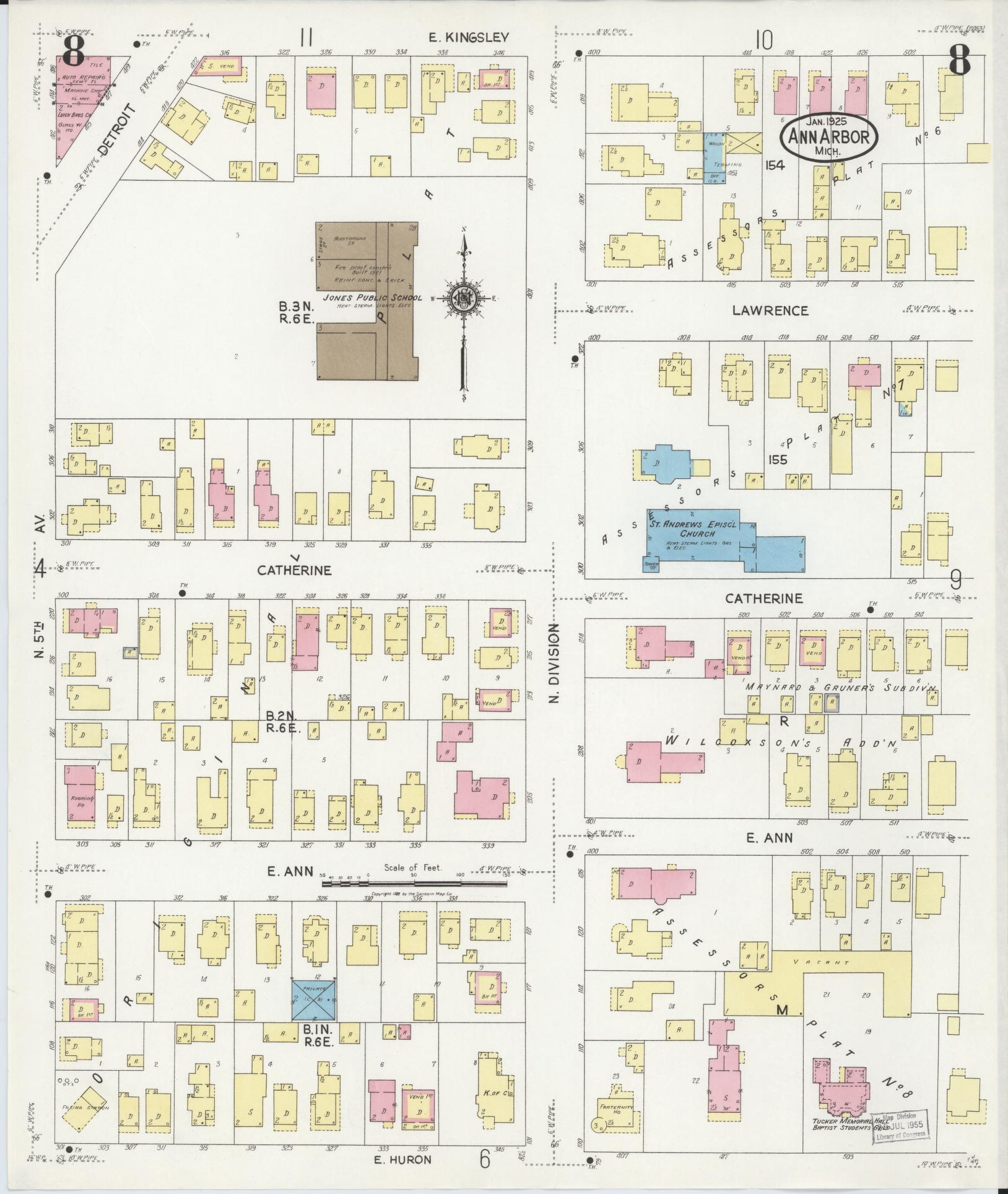 Sanborn Fire Insurance Map from Ann Arbor, Washtenaw County, Michigan (1925), Sheet #0008 - Complete Map Set gallery image, historic Sanborn map, vintage wall art, Michigan Michigan