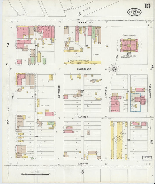 Sanborn Fire Insurance Map from El Paso, El Paso County, Texas (1898), Sheet #0013 - Historic Sanborn Fire Insurance Map Print, vintage old map wall art, antique decor, genealogy gift, Texas Texas map