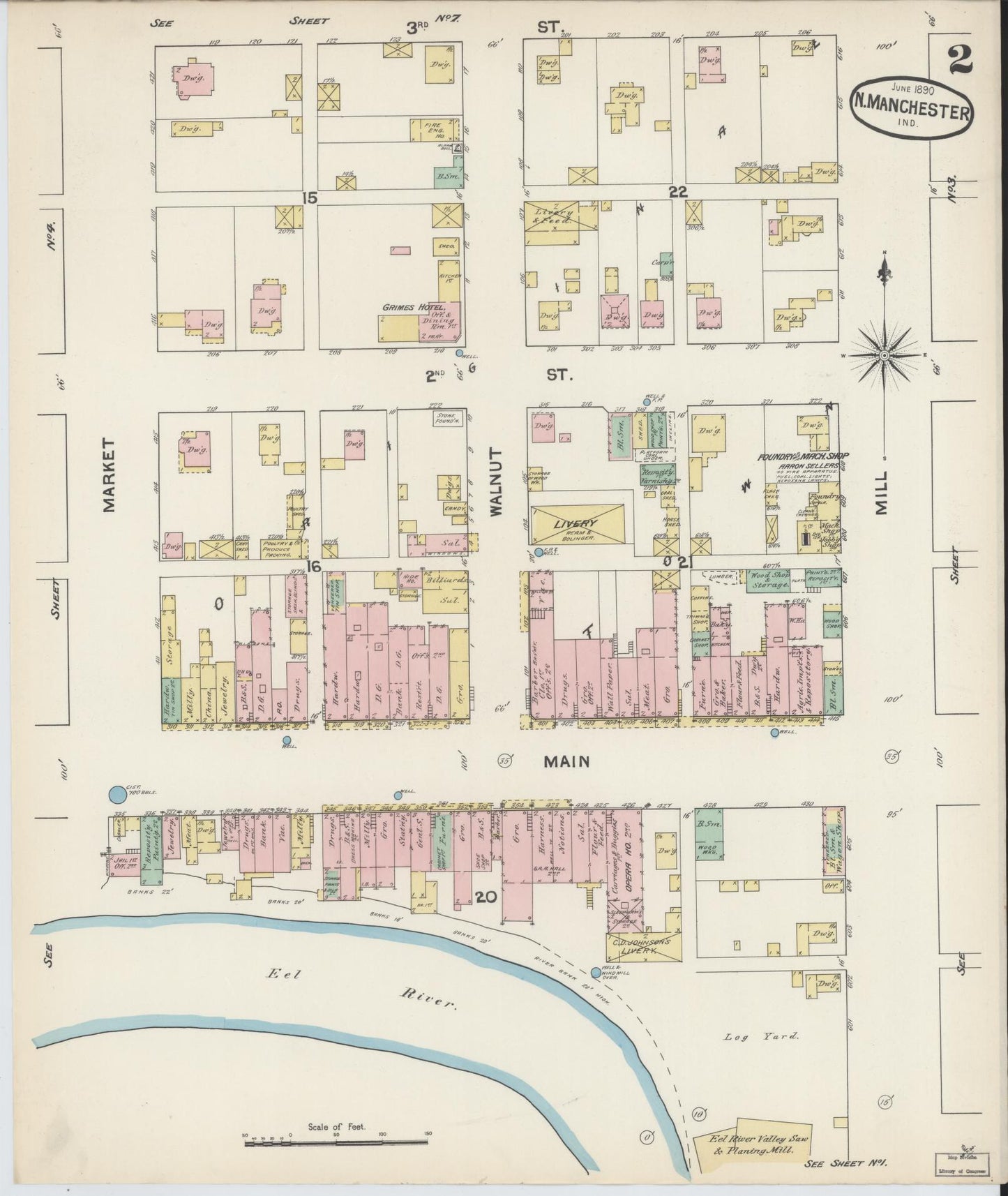 Sanborn Fire Insurance Map from North Manchester, Wabash County, Indiana (1890), Sheet #0002 - Complete Map Set gallery image, historic Sanborn map, vintage wall art, Indiana Indiana