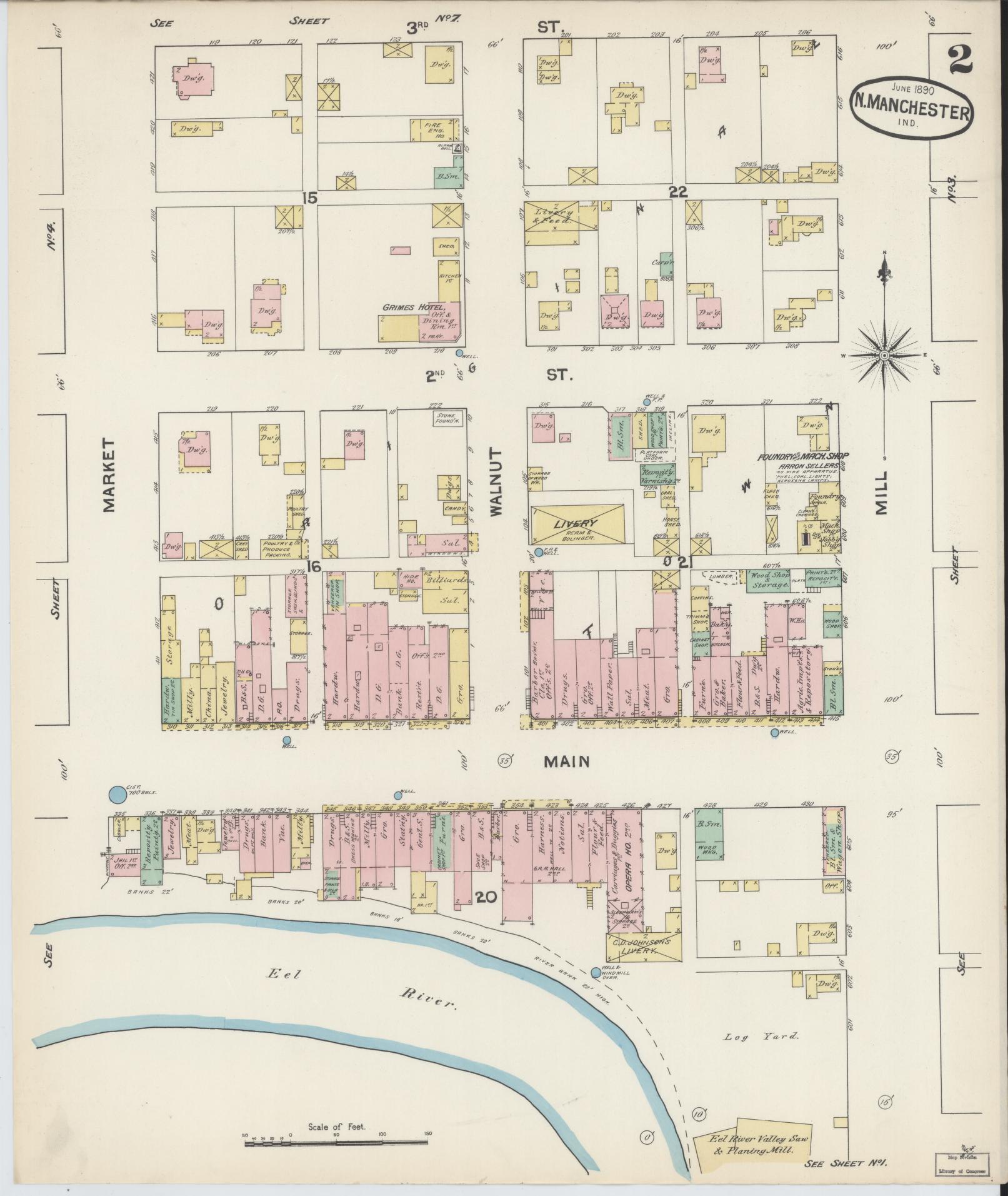 Sanborn Fire Insurance Map from North Manchester, Wabash County, Indiana (1890), Sheet #0002 - Complete Map Set gallery image, historic Sanborn map, vintage wall art, Indiana Indiana