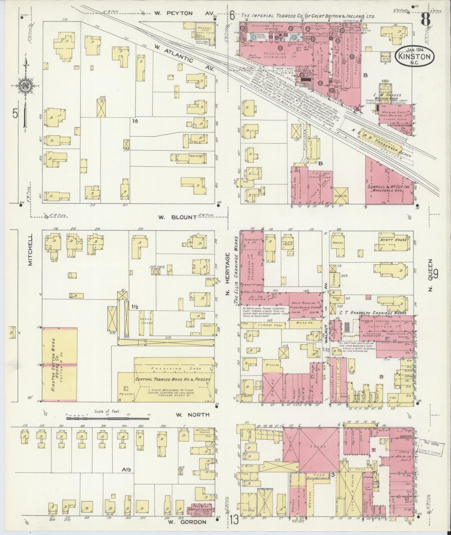 Sanborn Fire Insurance Map from Kinston, Lenoir County, North Carolina (1914), Sheet #0008 - Complete Map Set gallery image, historic Sanborn map, vintage wall art, North Carolina North Carolina