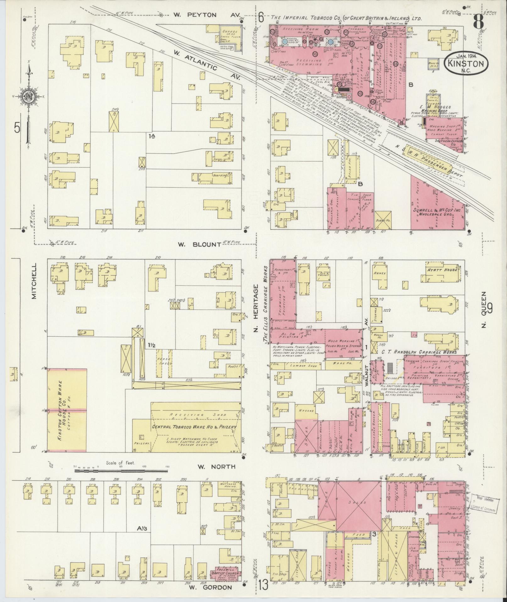 Sanborn Fire Insurance Map from Kinston, Lenoir County, North Carolina (1914), Sheet #0008 - Complete Map Set gallery image, historic Sanborn map, vintage wall art, North Carolina North Carolina