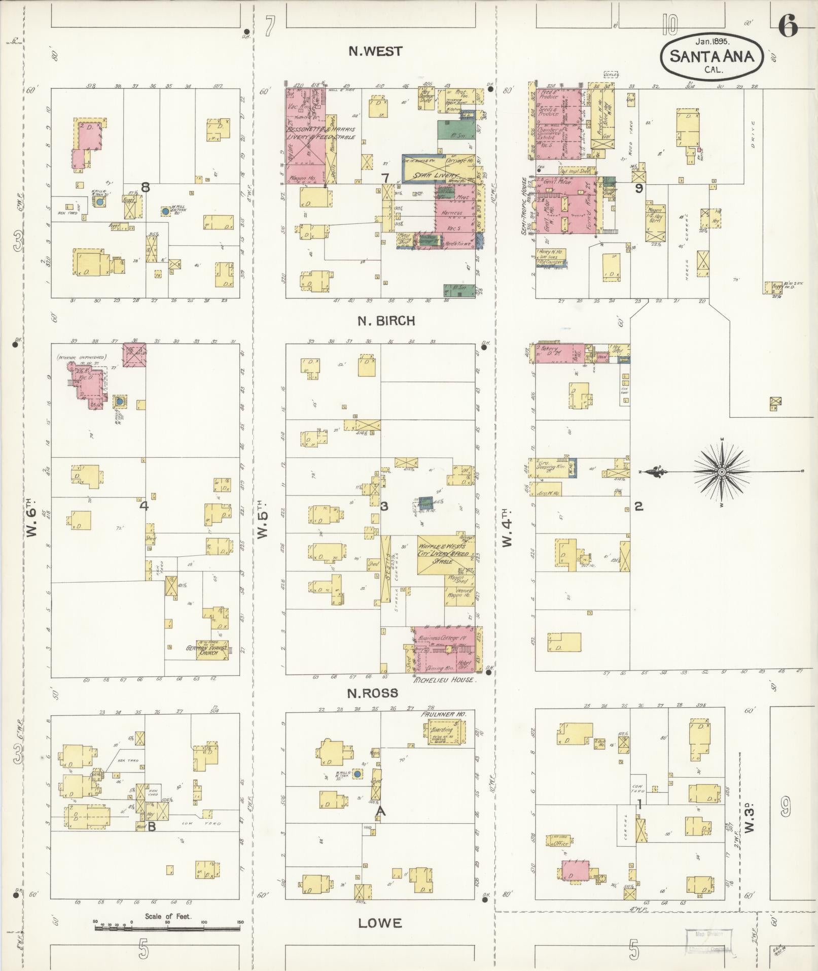 Sanborn Fire Insurance Map from Santa Ana, Orange County, California (1895), Sheet #0006 - Complete Map Set gallery image, historic Sanborn map, vintage wall art, California California