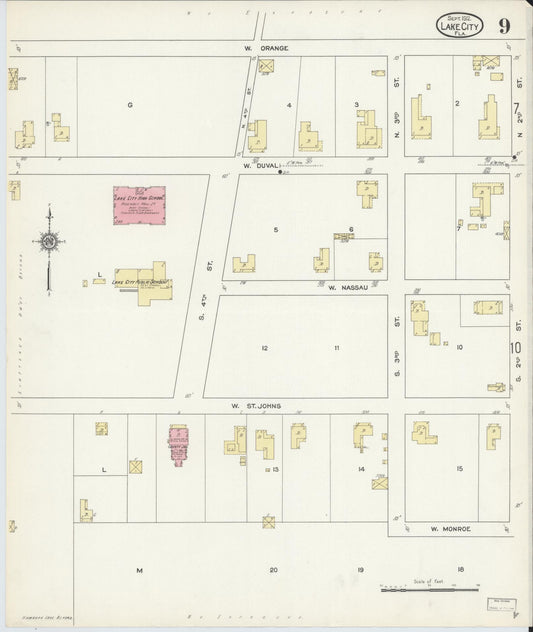 Sanborn Fire Insurance Map from Lake City, Columbia County, Florida (1912), Sheet #0009 - Historic Sanborn Fire Insurance Map Print, vintage old map wall art, antique decor, genealogy gift, Florida Florida map