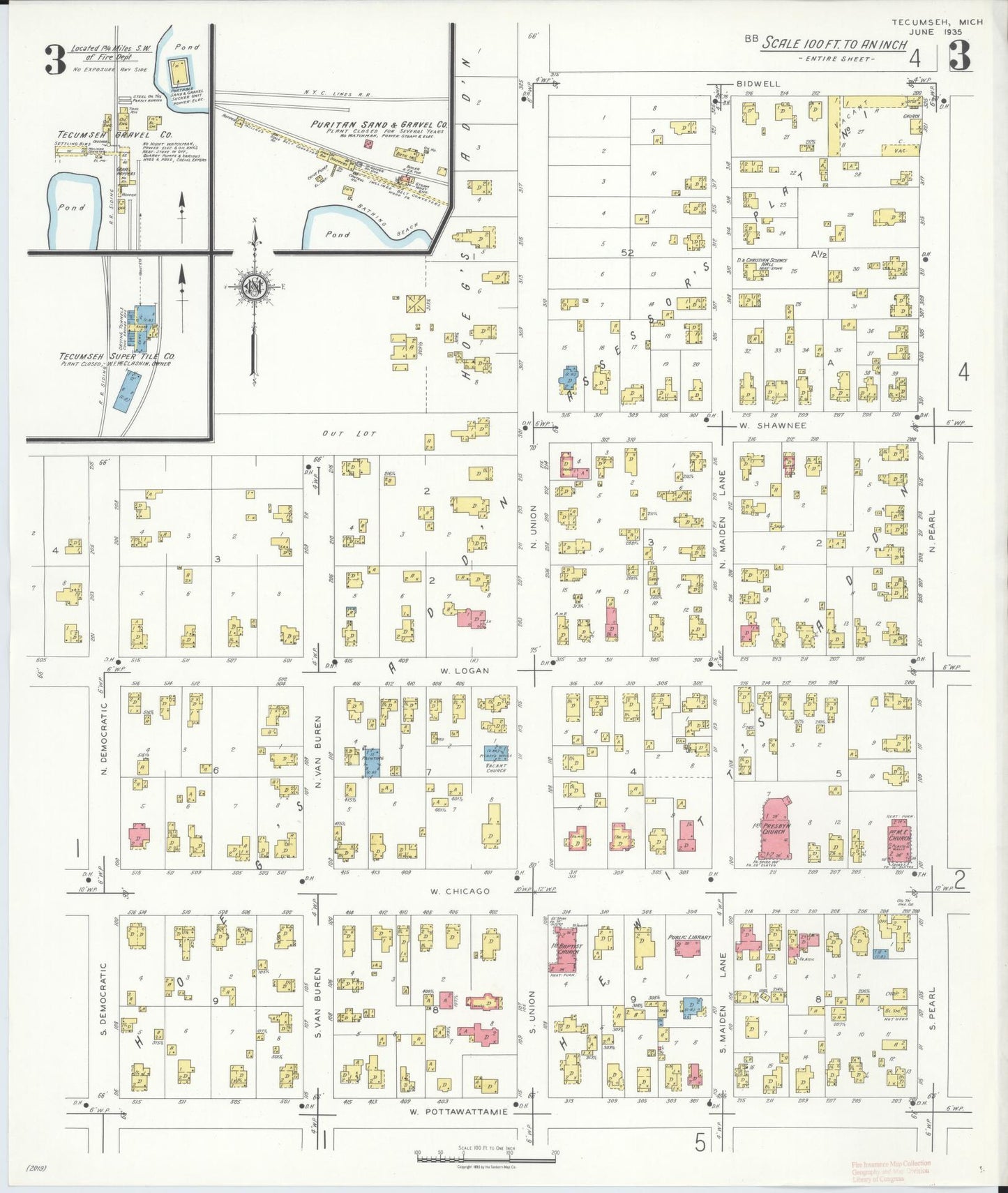 Sanborn Fire Insurance Map from Tecumseh, Lenawee County, Michigan (1935), Sheet #0003 - Complete Map Set gallery image, historic Sanborn map, vintage wall art, Michigan Michigan