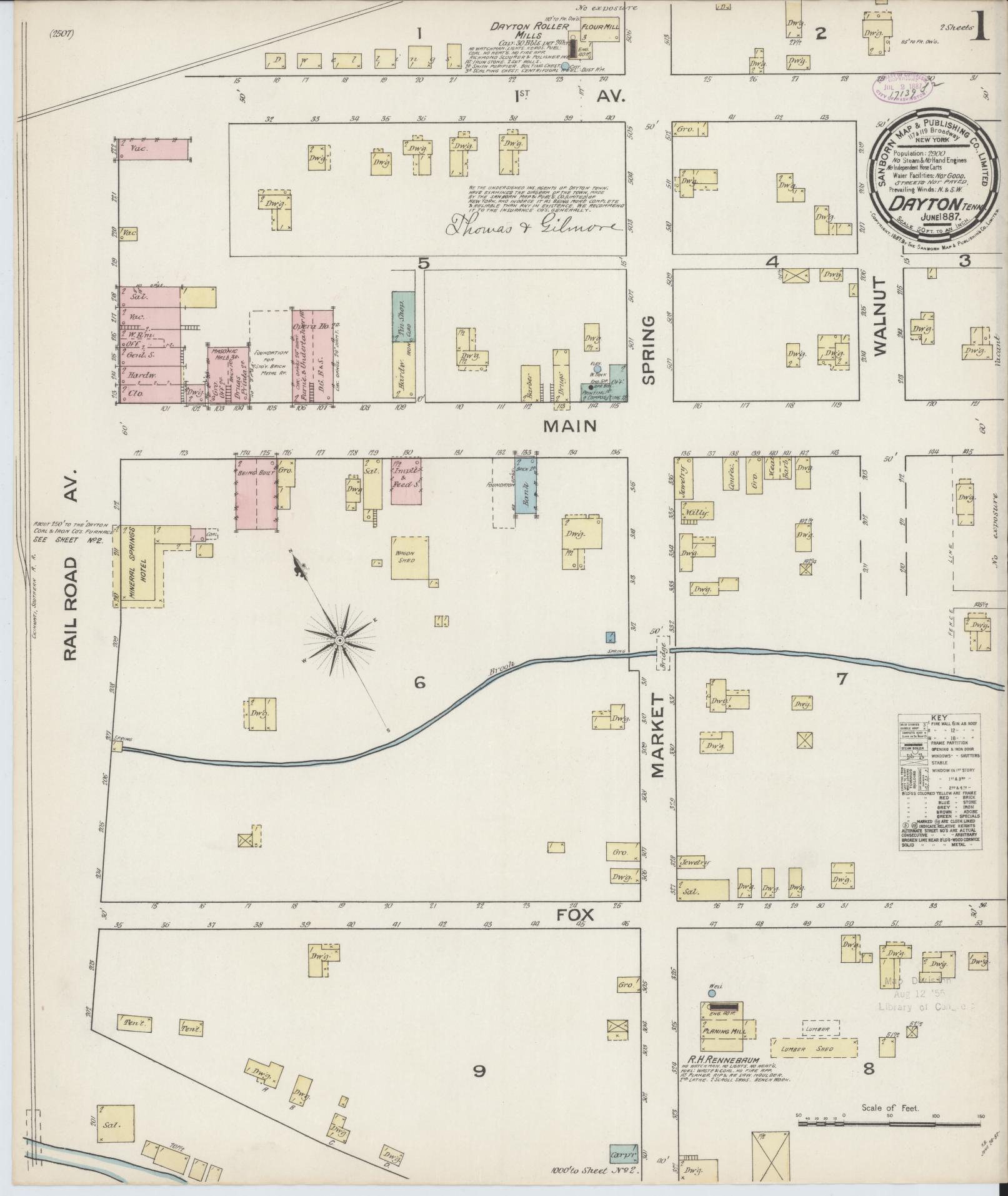 Sanborn Fire Insurance Map from Dayton, Rhea County, Tennessee. (1887) – Historic Sanborn Fire Insurance Map Print