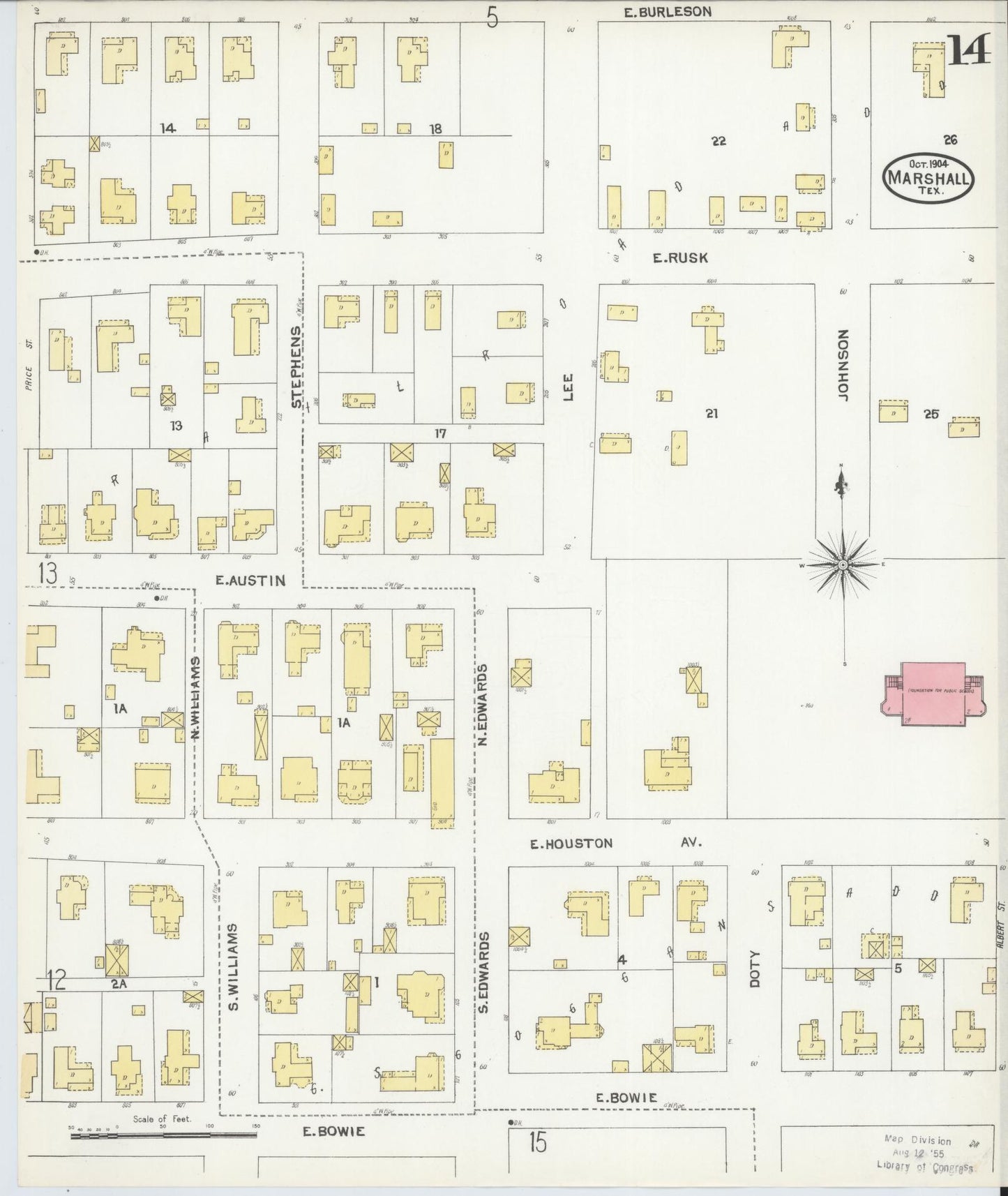 Sanborn Fire Insurance Map from Marshall, Harrison County, Texas (1904), Sheet #0014 - Complete Map Set gallery image, historic Sanborn map, vintage wall art, Texas Texas