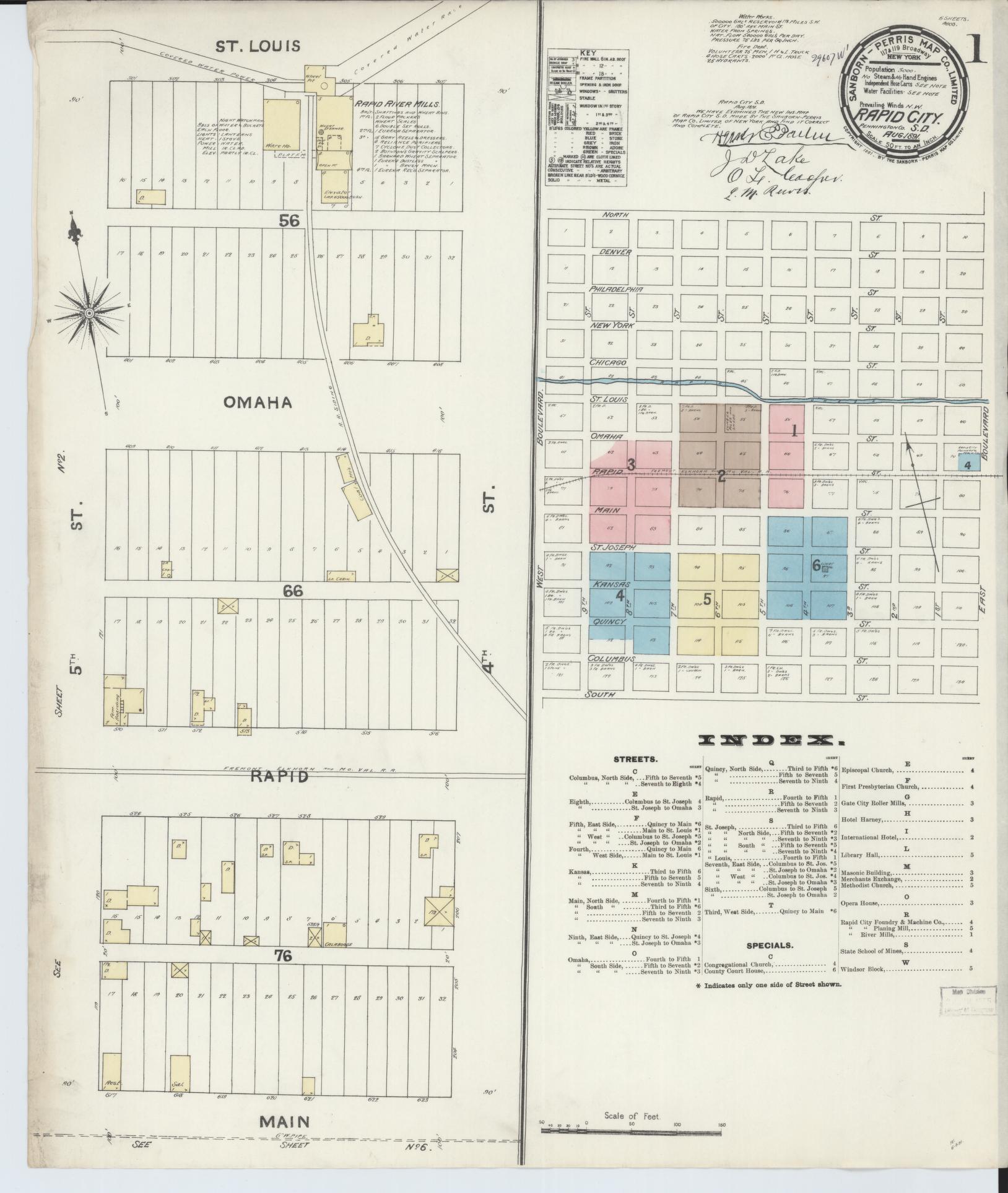 Sanborn Fire Insurance Map from Rapid City, Pennington County, South Dakota (1891), Sheet #0001 - Historic Sanborn Fire Insurance Map Print, vintage old map wall art, antique decor, genealogy gift, South Dakota South Dakota map