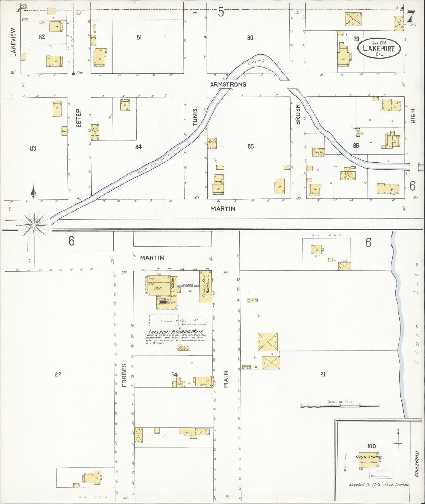 Sanborn Fire Insurance Map from Lakeport, Lake County, California (1905), Sheet #0007 - Historic Sanborn Fire Insurance Map Print, vintage old map wall art, antique decor, genealogy gift, California California map