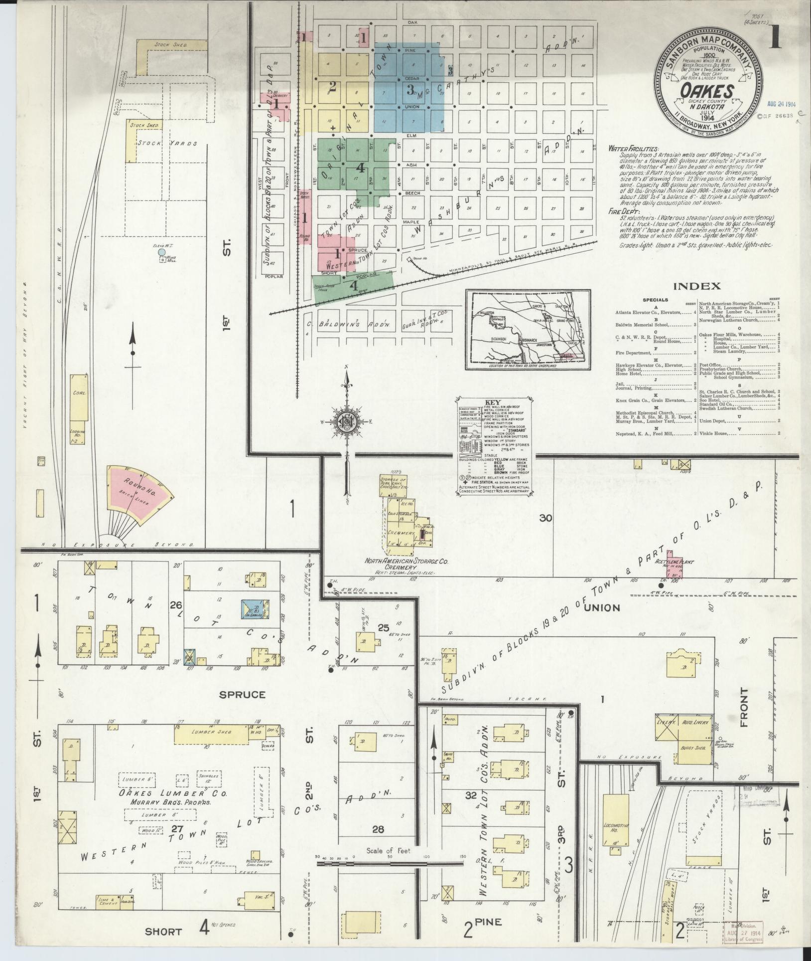 Sanborn Fire Insurance Map from Oakes, Dickey County, North Dakota. (1914) – Historic Sanborn Fire Insurance Map Print