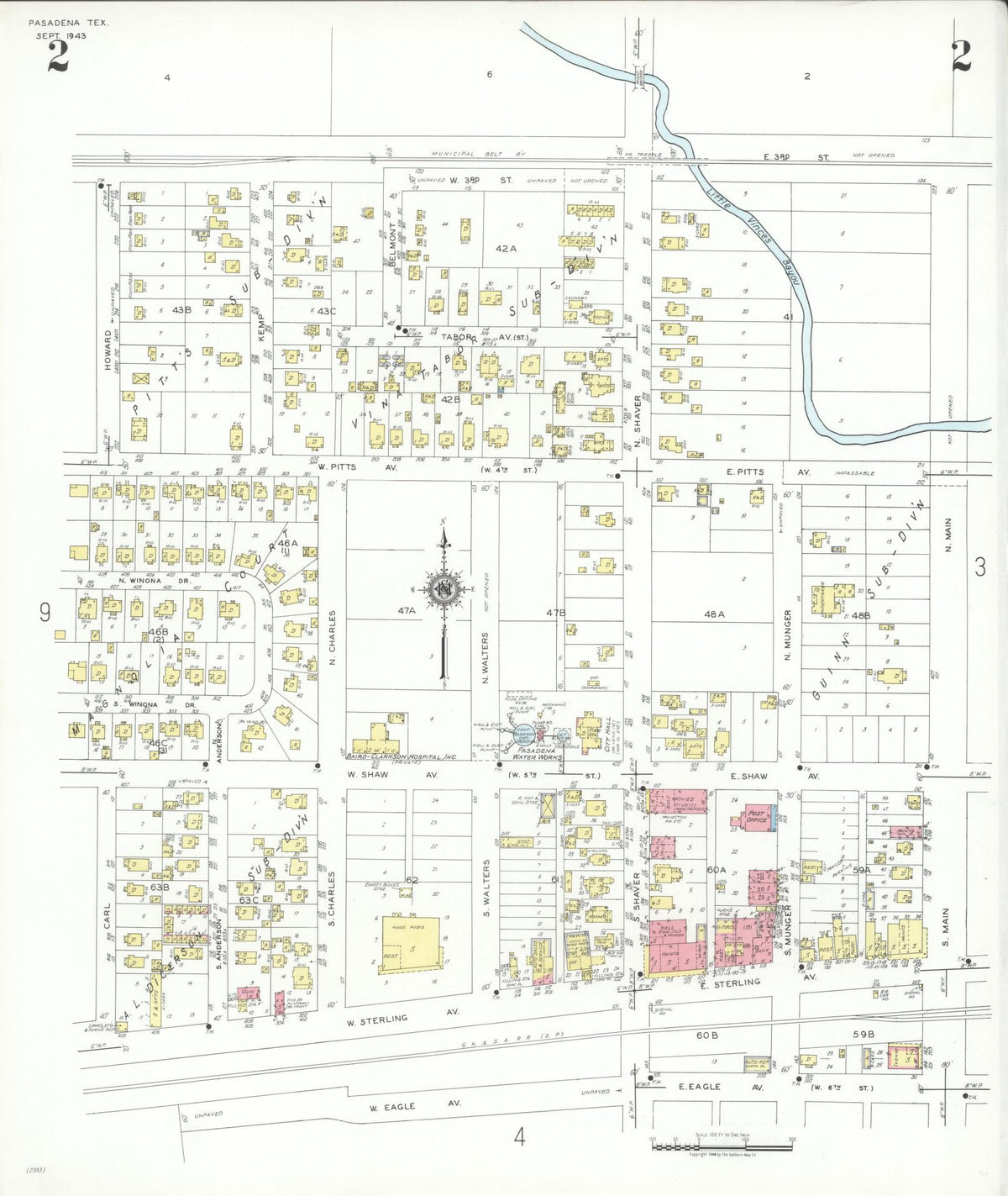 Sanborn Fire Insurance Map from Pasadena, Harris County, Texas (1943), Sheet #0002 - Historic Sanborn Fire Insurance Map Print, vintage old map wall art, antique decor, genealogy gift, Texas Texas map