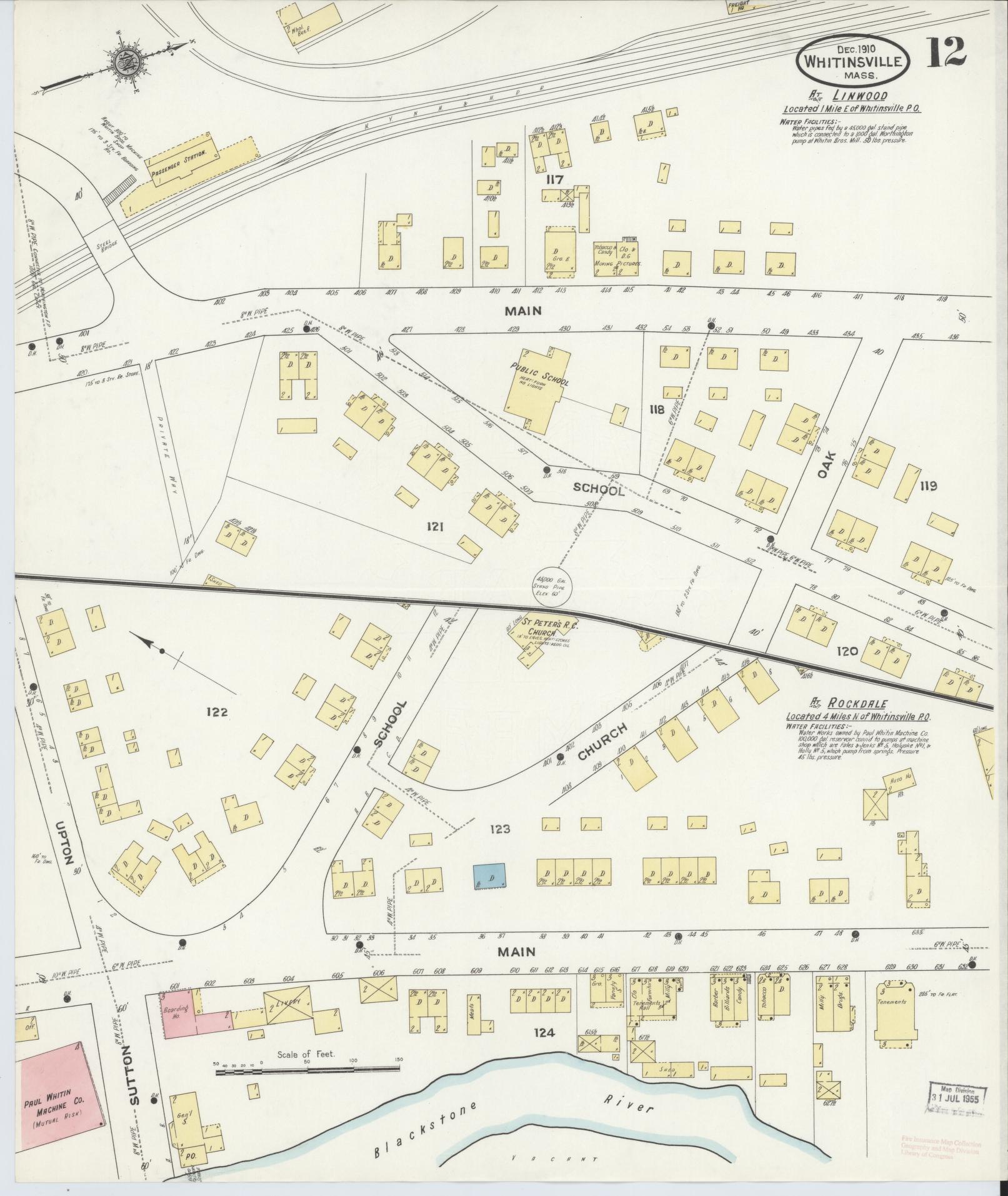 Sanborn Fire Insurance Map from Whitinsville, Worcester County, Massachusetts (1910), Sheet #0012 - Complete Map Set gallery image, historic Sanborn map, vintage wall art, Massachusetts Massachusetts