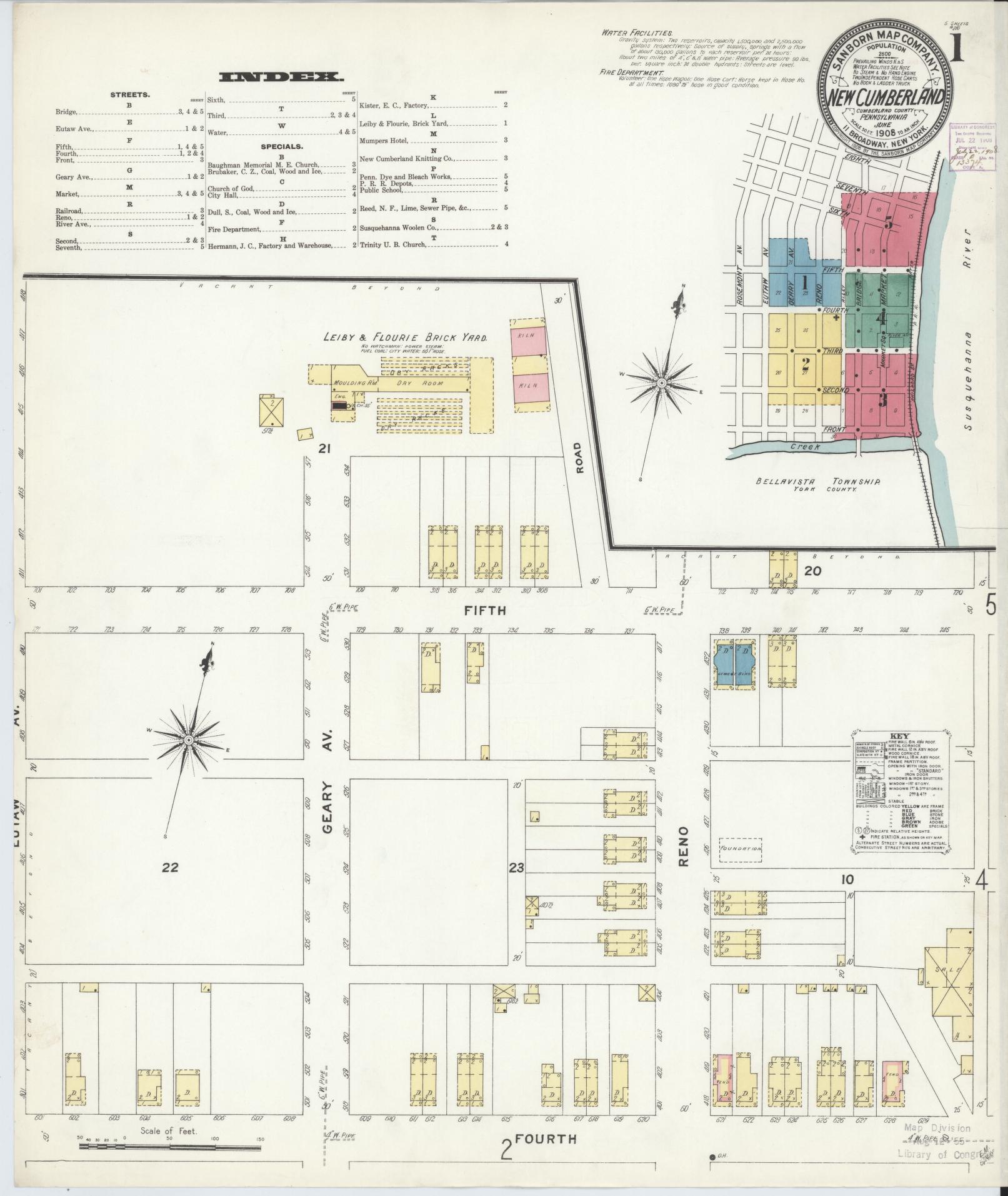 Sanborn Fire Insurance Map from New Cumberland, Cumberland County, Pennsylvania (1908), Sheet #0001 - Complete Map Set gallery image, historic Sanborn map, vintage wall art, Pennsylvania Pennsylvania