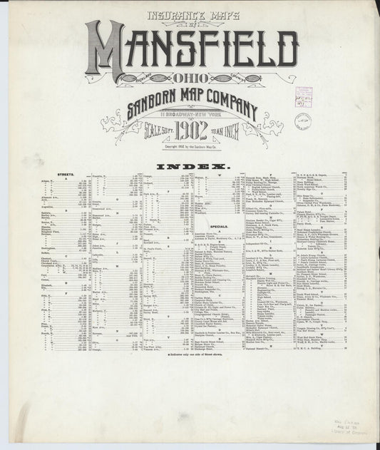 Sanborn Fire Insurance Map from Mansfield, Richland County, Ohio (1902), Sheet #0001 - Historic Sanborn Fire Insurance Map Print, vintage old map wall art, antique decor, genealogy gift, Ohio Ohio map