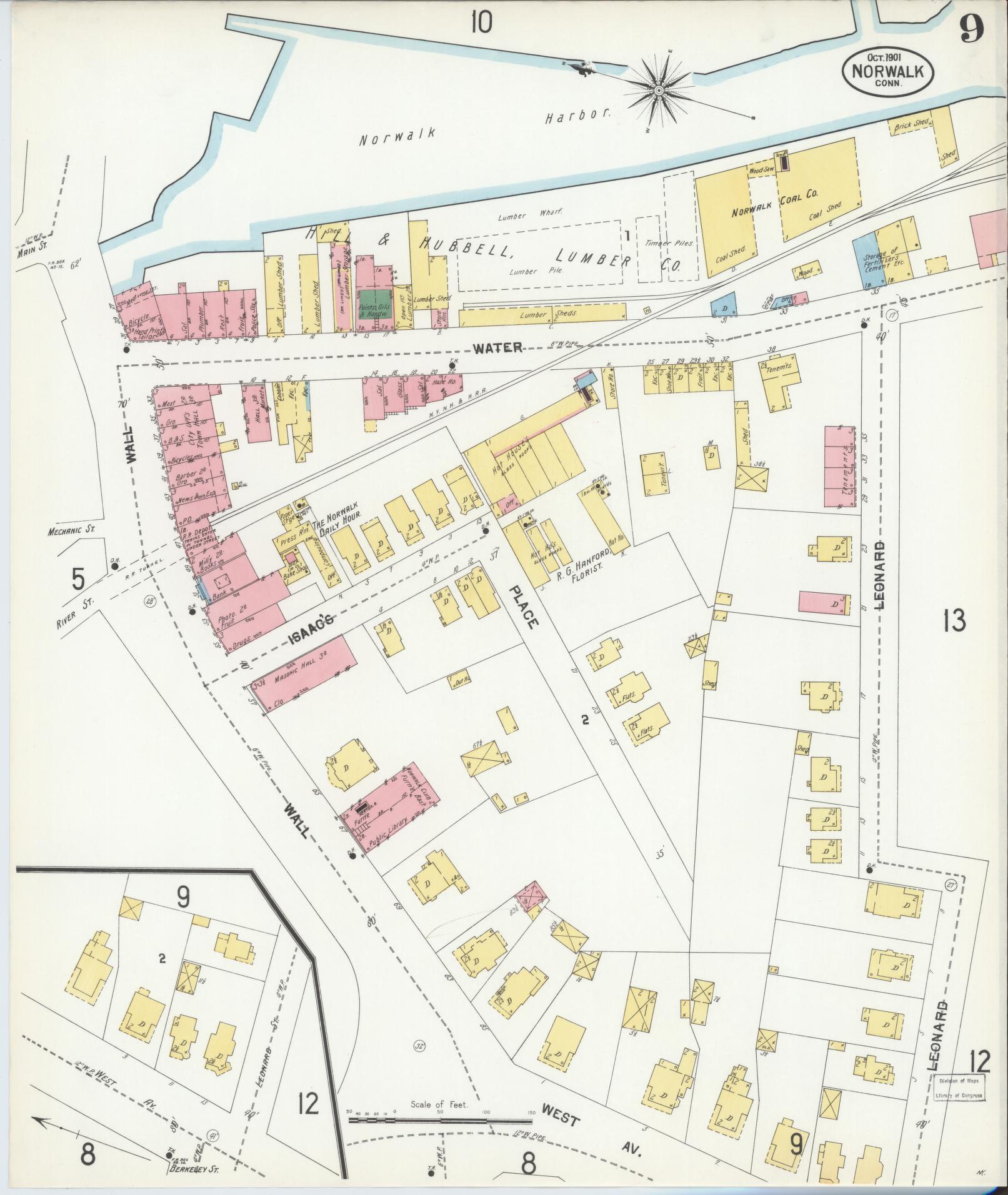 Sanborn Fire Insurance Map from Norwalk, Fairfield County, Connecticut (1901), Sheet #0009 - Historic Sanborn Fire Insurance Map Print, vintage old map wall art, antique decor, genealogy gift, Connecticut Connecticut map