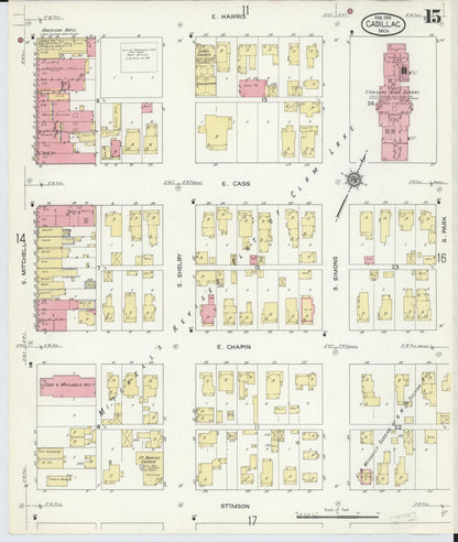 Sanborn Fire Insurance Map from Cadillac, Wexford County, Michigan (1914), Sheet #0015 - Historic Sanborn Fire Insurance Map Print, vintage old map wall art, antique decor, genealogy gift, Michigan Michigan map