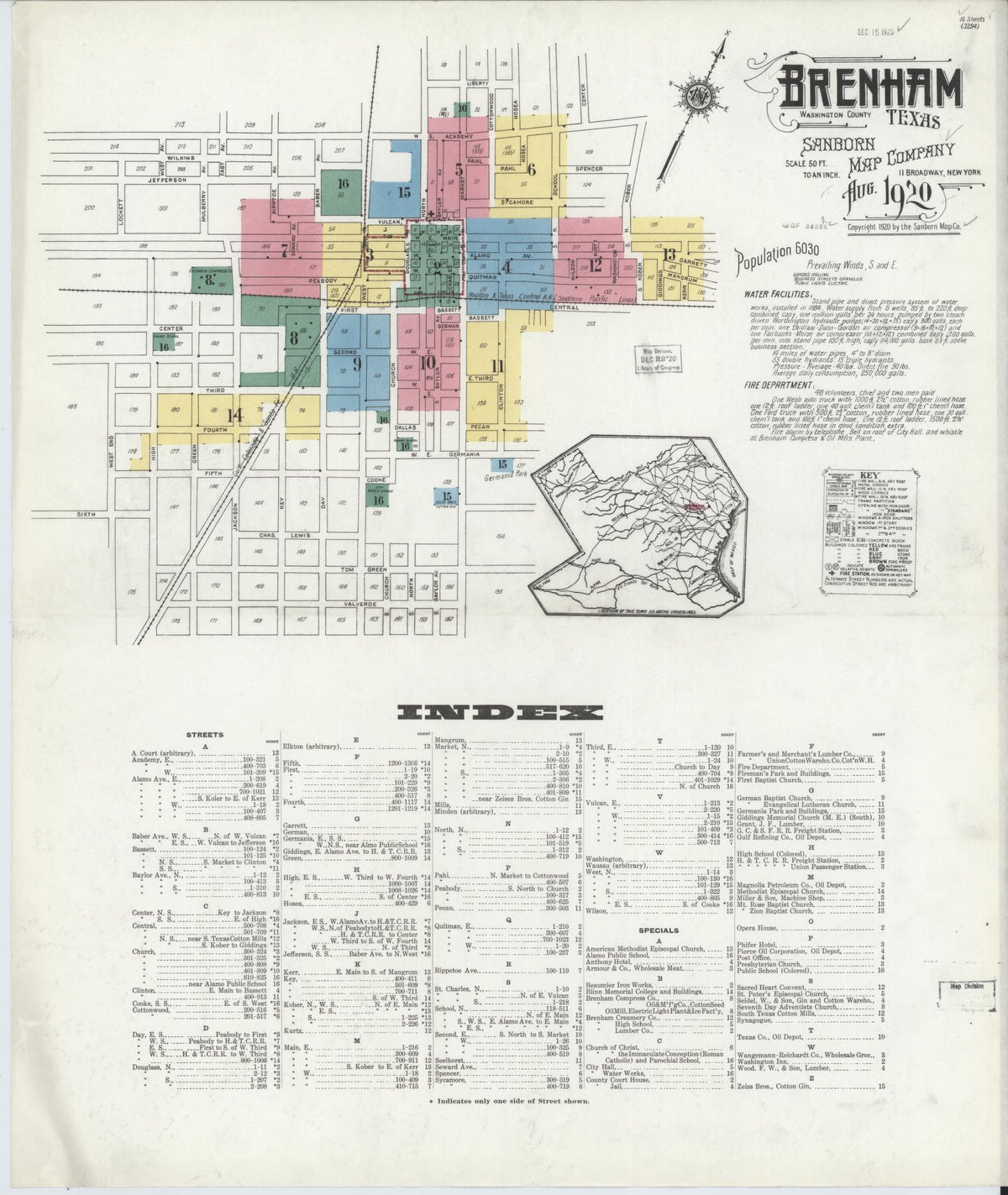 Sanborn Fire Insurance Map from Brenham, Washington County, Texas (1920), Sheet #0001 - Complete Map Set gallery image, historic Sanborn map, vintage wall art, Texas Texas