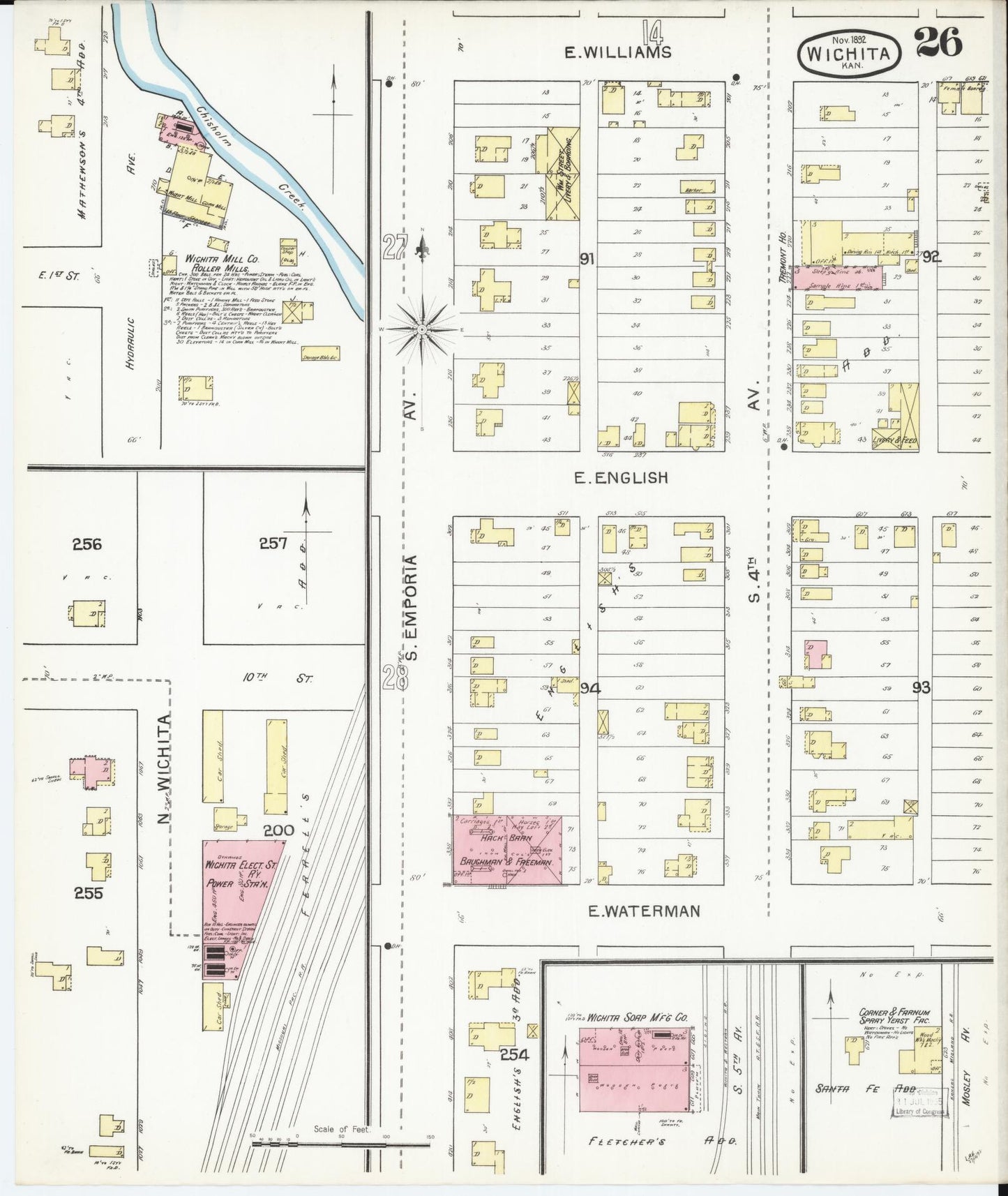 Sanborn Fire Insurance Map from Wichita, Sedgwick County, Kansas (1892), Sheet #0026 - Historic Sanborn Fire Insurance Map Print, vintage old map wall art, antique decor, genealogy gift, Kansas Kansas map