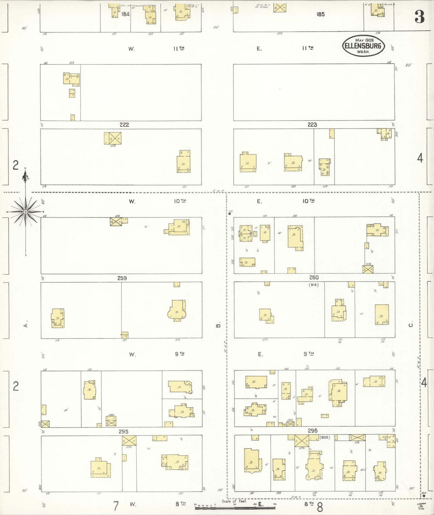 Sanborn Fire Insurance Map from Ellensburg, Kittitas County, Washington (1909), Sheet #0003 - Historic Sanborn Fire Insurance Map Print, vintage old map wall art, antique decor, genealogy gift, Washington Washington map
