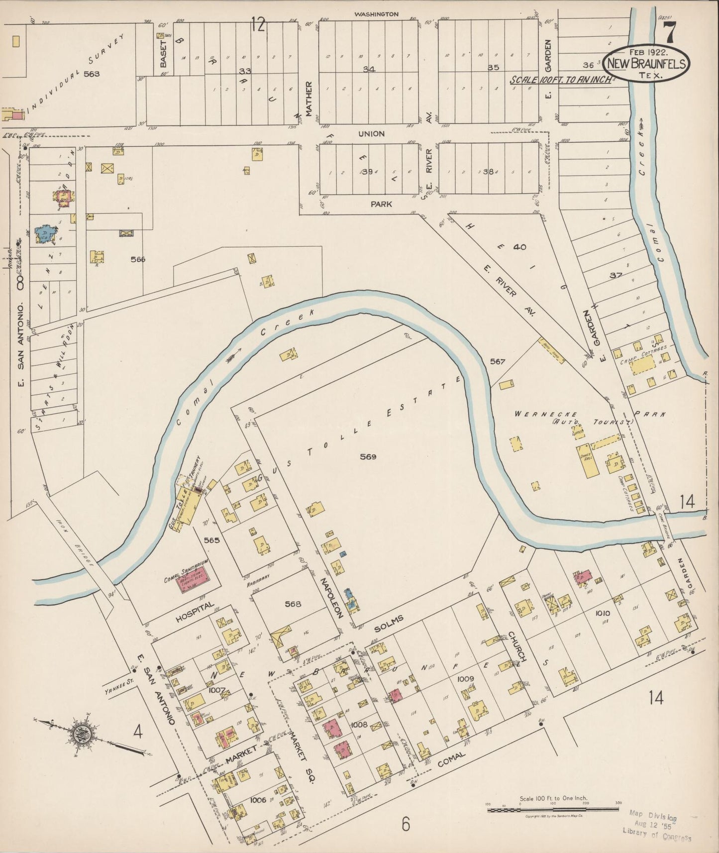 Sanborn Fire Insurance Map from New Braunfels, Comal County, Texas (1922), Sheet #0007 - Historic Sanborn Fire Insurance Map Print, vintage old map wall art, antique decor, genealogy gift, Texas Texas map