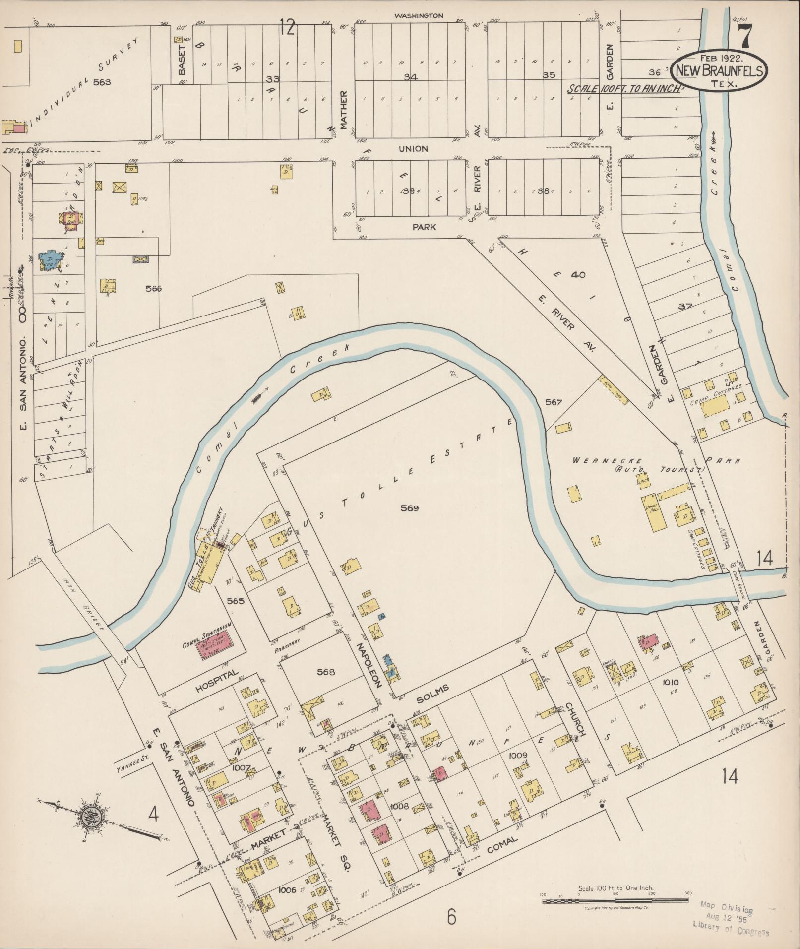 Sanborn Fire Insurance Map from New Braunfels, Comal County, Texas (1922), Sheet #0007 - Historic Sanborn Fire Insurance Map Print, vintage old map wall art, antique decor, genealogy gift, Texas Texas map