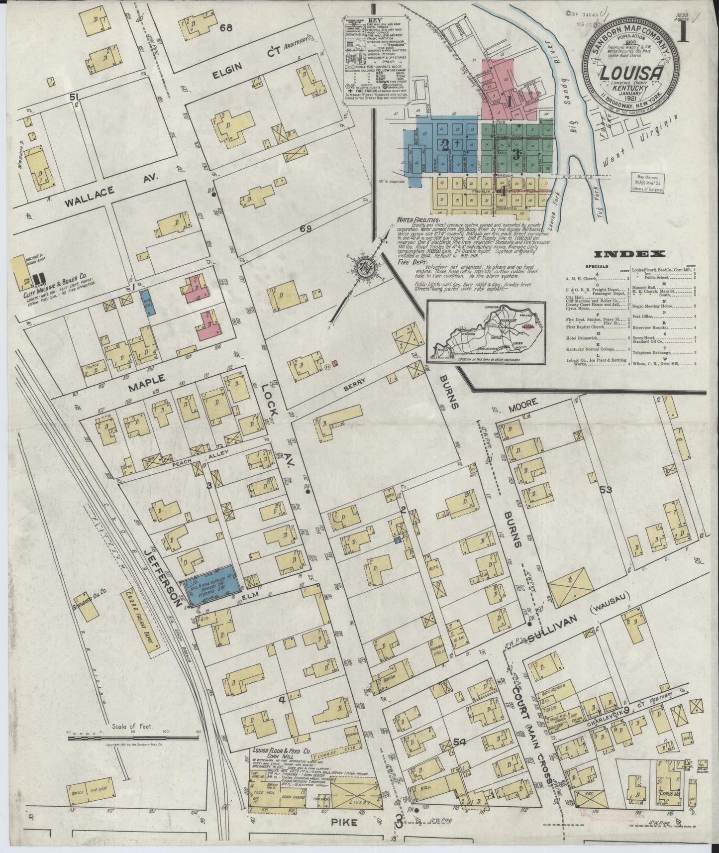 Sanborn Fire Insurance Map from Louisa, Lawrence County, Kentucky (1921), Sheet #0001 - Complete Map Set gallery image, historic Sanborn map, vintage wall art, Kentucky Kentucky