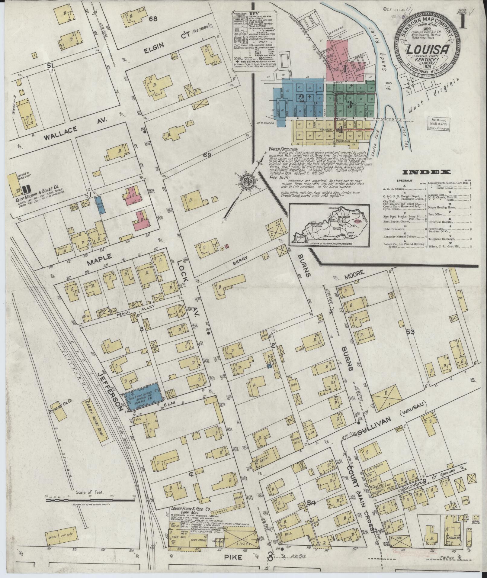 Sanborn Fire Insurance Map from Louisa, Lawrence County, Kentucky (1921), Sheet #0001 - Complete Map Set gallery image, historic Sanborn map, vintage wall art, Kentucky Kentucky