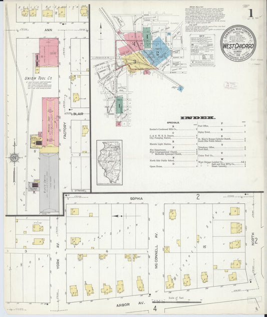 Sanborn Fire Insurance Map from West Chicago, Du Page County, Illinois (1912), Sheet #0001 - Complete Map Set gallery image, historic Sanborn map, vintage wall art, Illinois Illinois