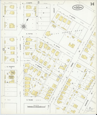 Sanborn Fire Insurance Map from Texarkana, Bowie County, Texas (1909), Sheet #0014 - Complete Map Set gallery image, historic Sanborn map, vintage wall art, Texas Texas