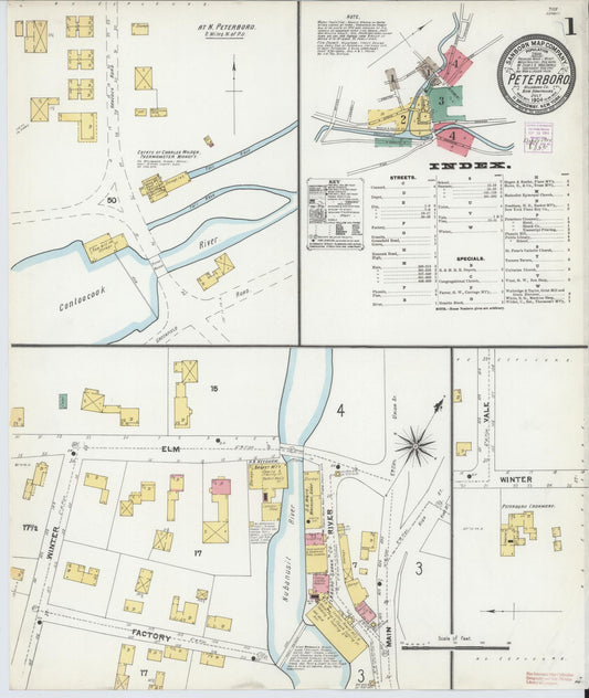 Sanborn Fire Insurance Map from Peterborough, Hillsborough County, New Hampshire (1904), Sheet #0001 - Historic Sanborn Fire Insurance Map Print, vintage old map wall art, antique decor, genealogy gift, New Hampshire New Hampshire map