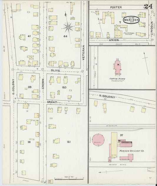 Sanborn Fire Insurance Map from Meriden, New Haven County, Connecticut (1891), Sheet #0024 - Historic Sanborn Fire Insurance Map Print, vintage old map wall art, antique decor, genealogy gift, Connecticut Connecticut map